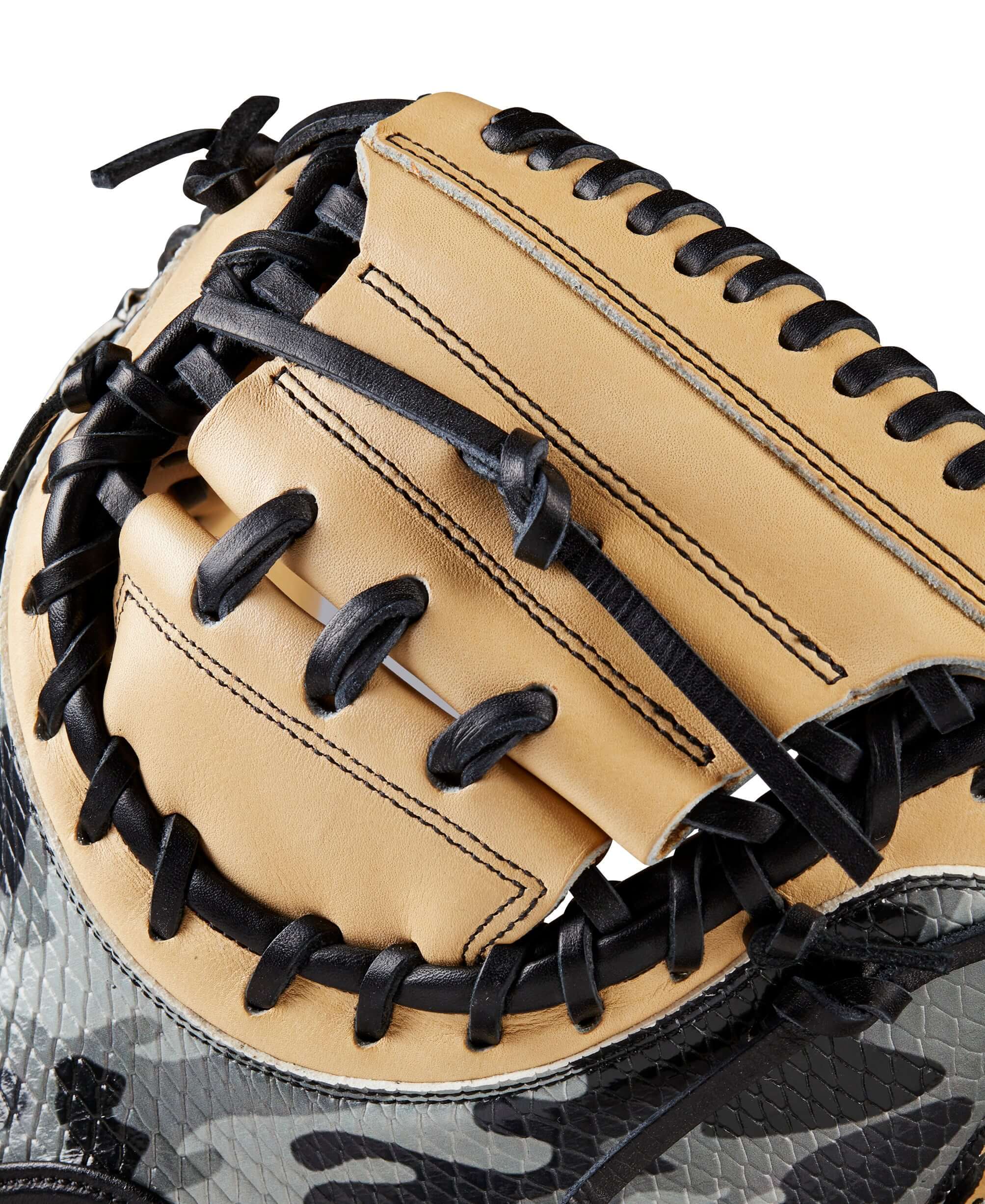 Wilson A2000 GOTM October 2022 CM33 Black Camo/Blonde 33 RHT Catchers Mitt with deep pocket and Half-Moon Web.