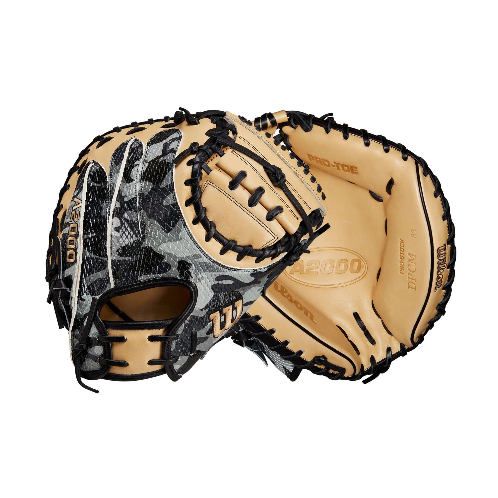 Wilson A2000 GOTM October 2022 CM33 Black Camo/Blonde 33 RHT Catchers Mitt with deep pocket and Half-Moon Web.