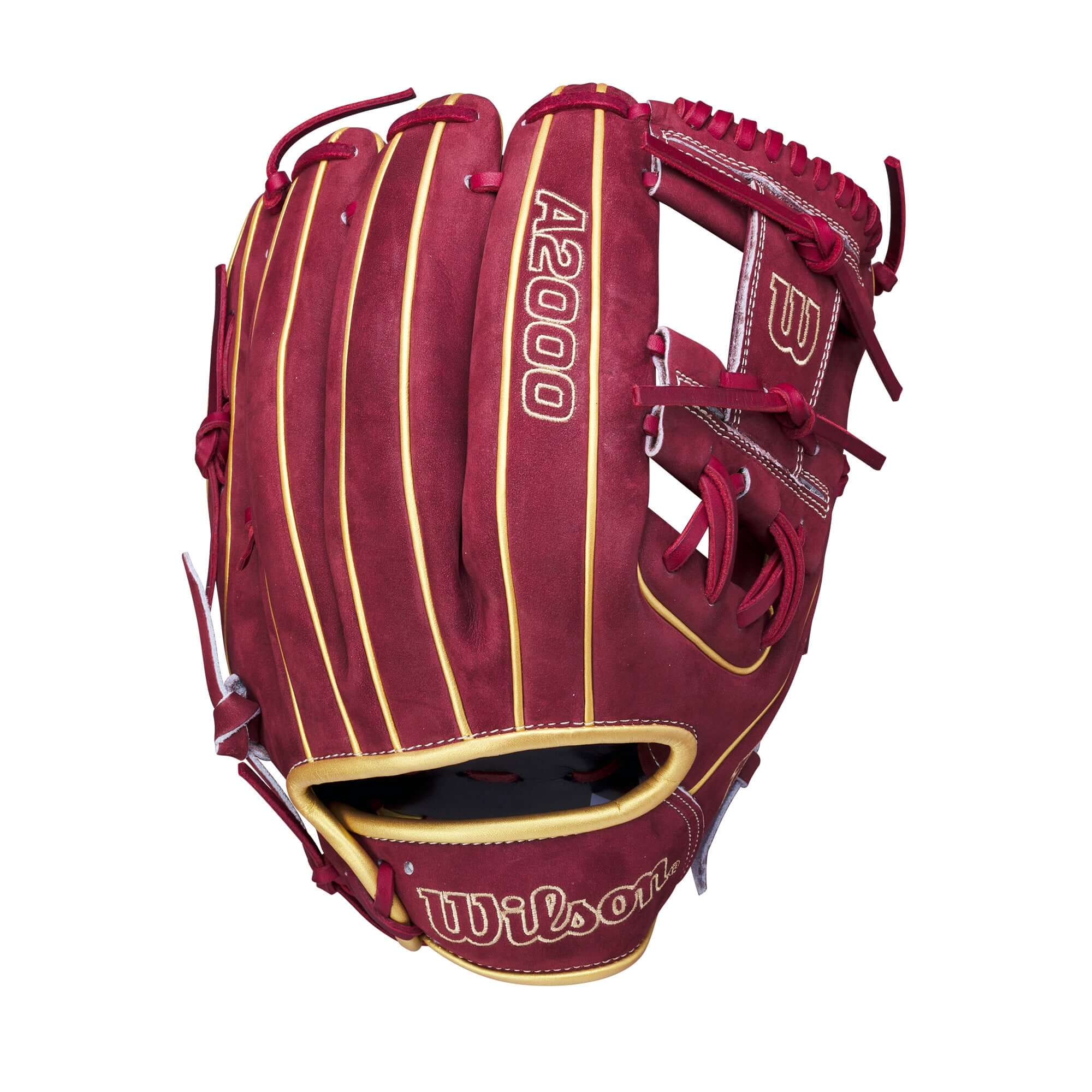 Wilson A2000 Glove of the Month November 2022 in 1975 Crimson Velvet, 11.75 inches, featuring H-Web design and gold binding.