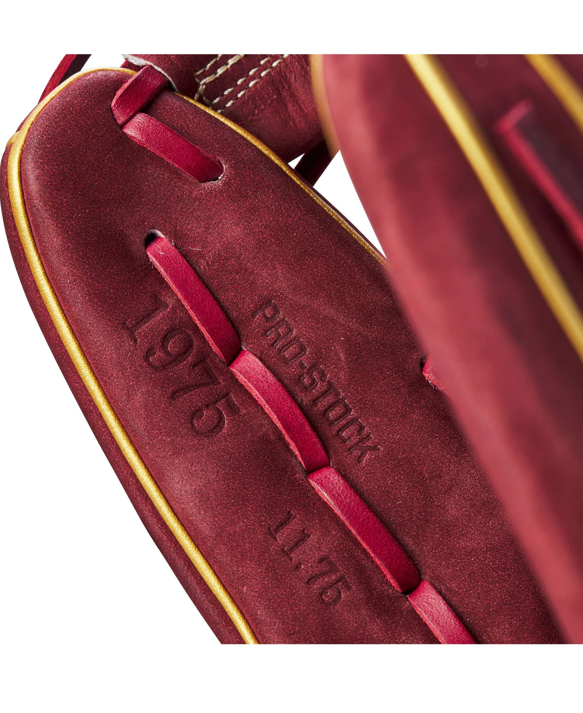Close-up of Wilson A2000 Glove featuring Pro Stock leather and 1975 engraving, showcasing the 11.75" November GOTM design.