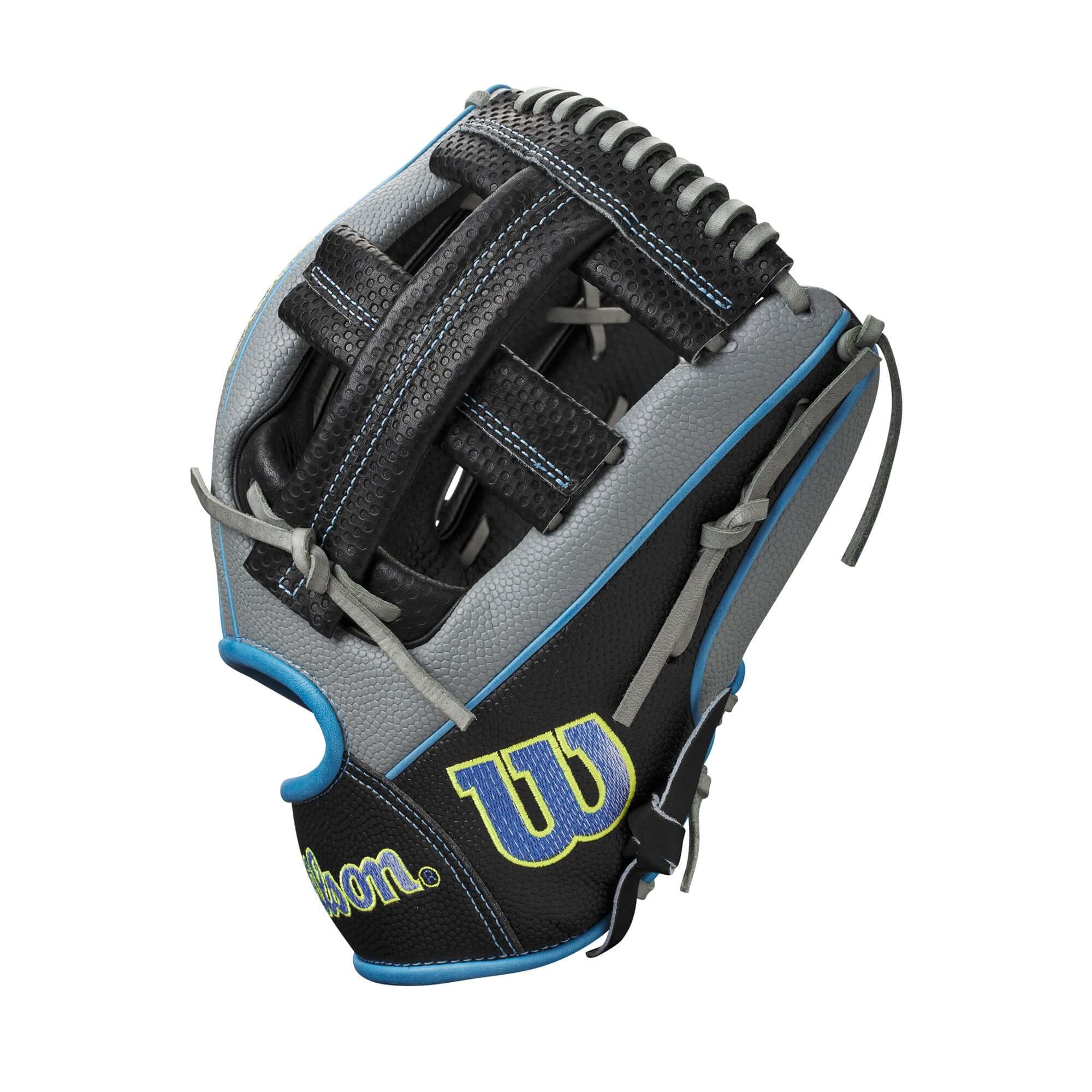 Wilson 2023 A2000 SC1786SS T1D 11.5" infield baseball glove in black and gray with blue accents, showcasing unique design.