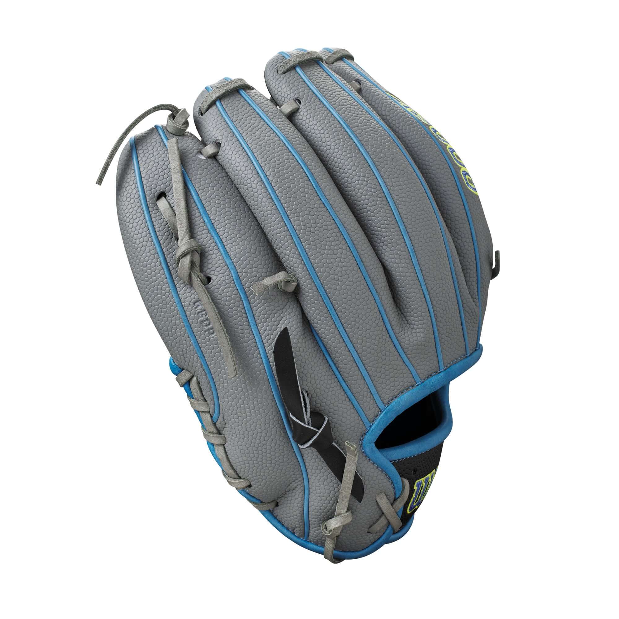 Wilson 2023 A2000 SC1786SS T1D 11.5" infield baseball glove in gray with blue accents and modified design.
