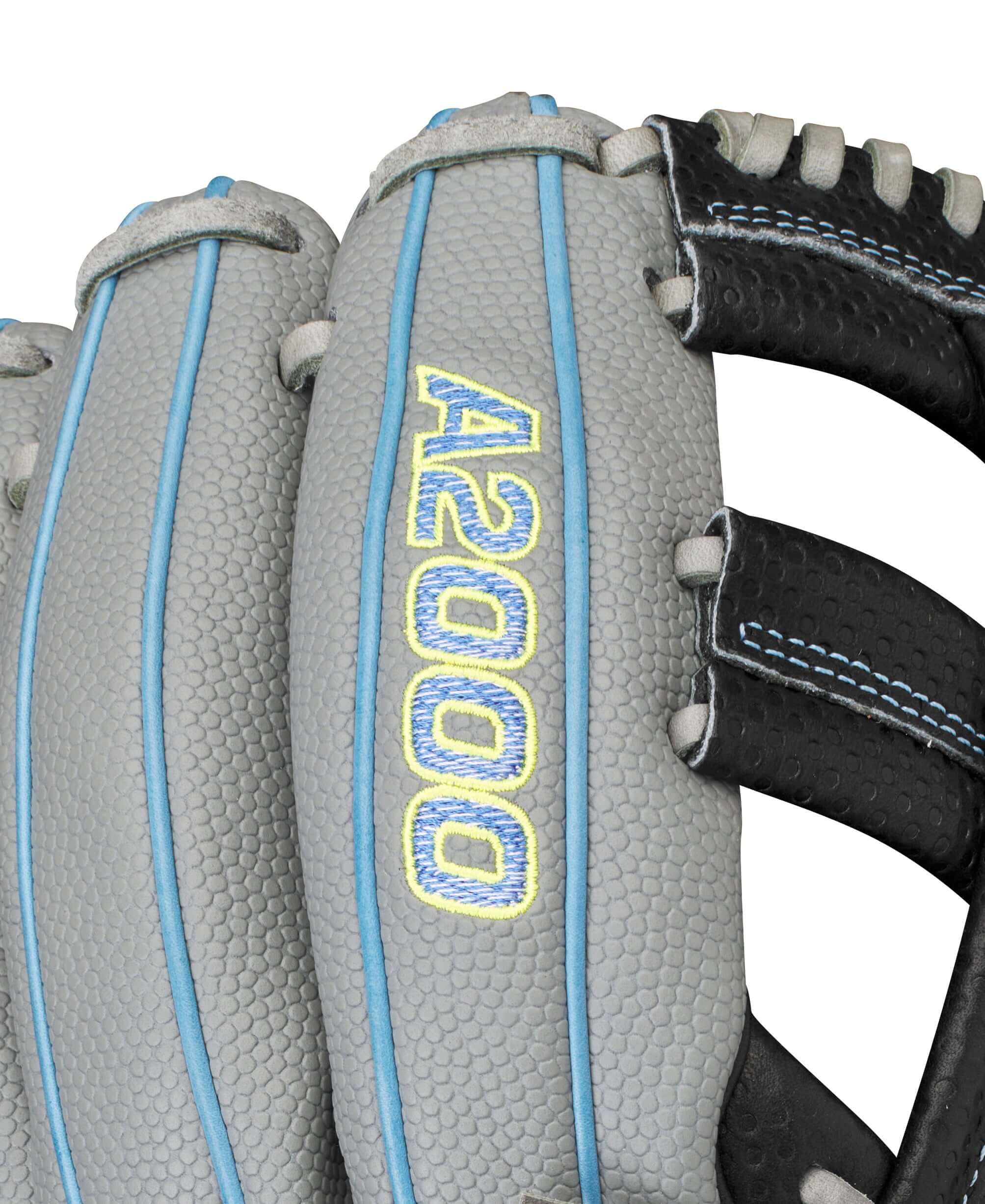Close-up of the Wilson A2000 SC1786SS baseball glove, showcasing its textured gray leather and vibrant A2000 logo.