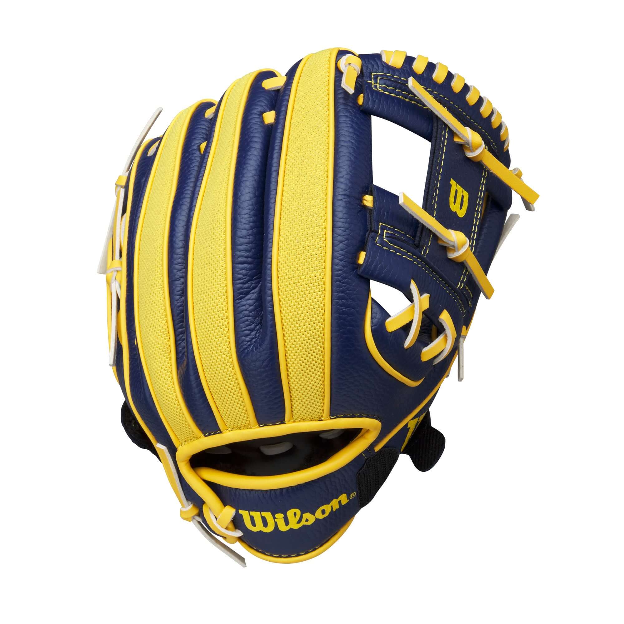 Wilson 2024 A200 EZ Savannah Bananas 10” T-Ball Glove in navy and yellow with catch assist strap for young players.