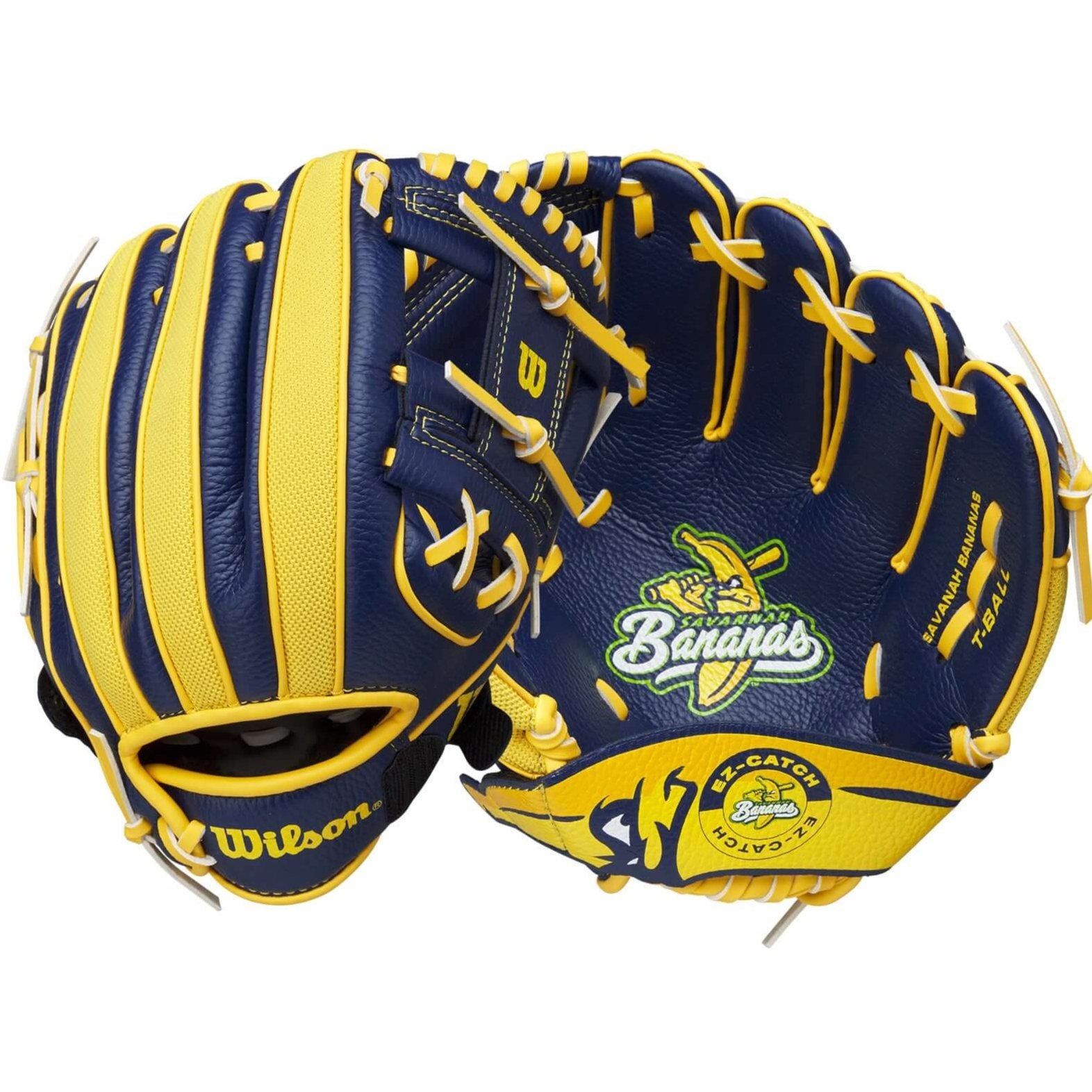 Wilson 2024 A200 EZ Savannah Bananas 10” T-Ball glove in navy blue and banana yellow with logo and catch assist strap.