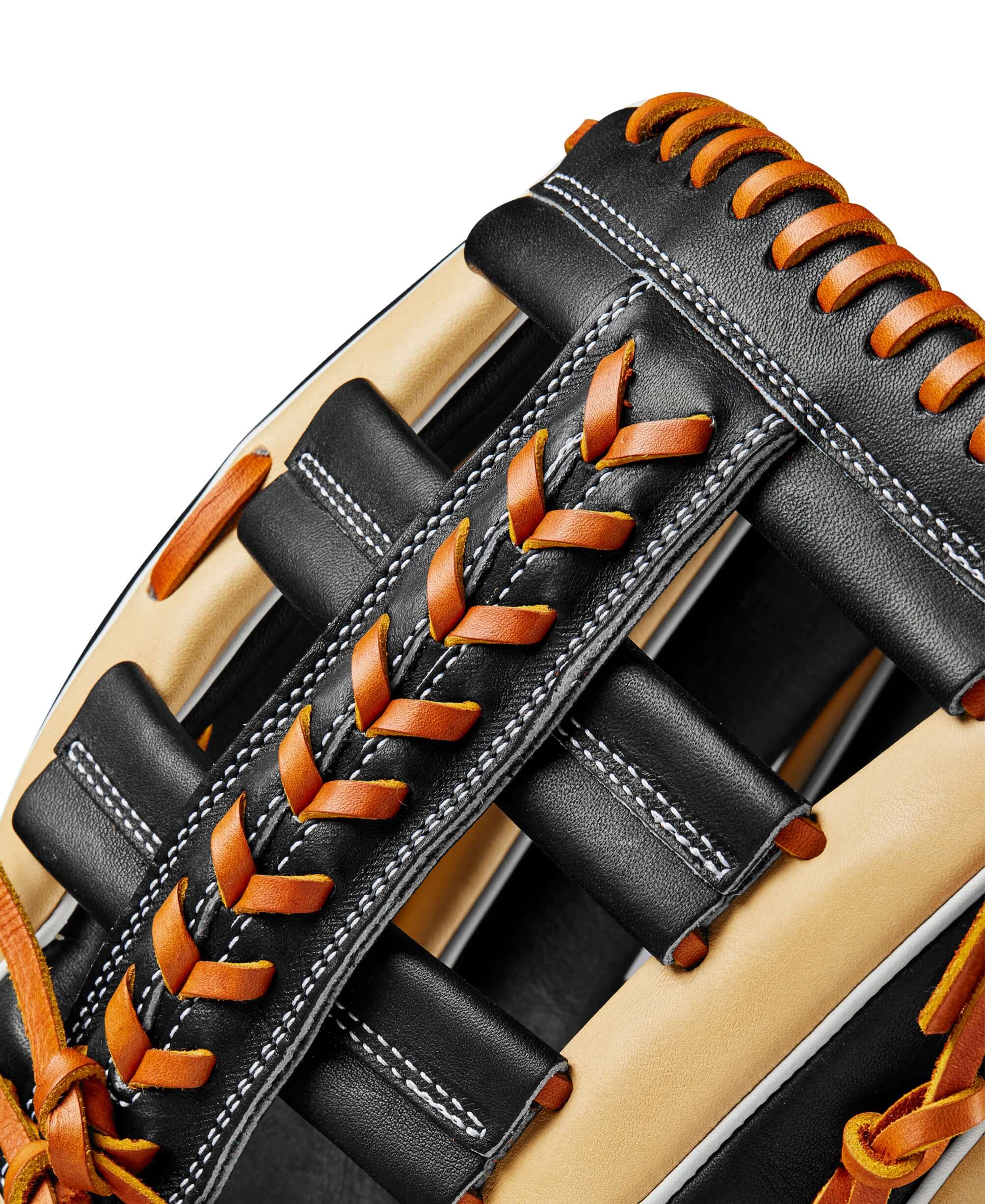 Close-up of the Wilson A2K 1810 baseball glove showcasing the intricate leather lacing and stitching details.
