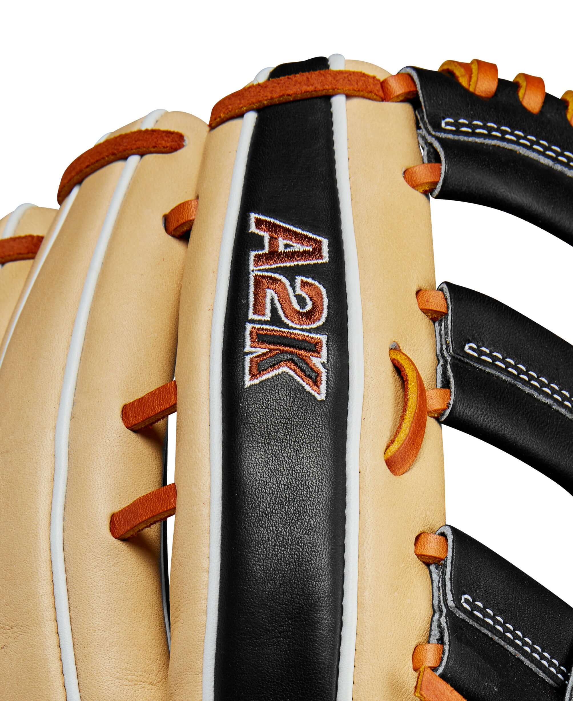 Close-up of the Wilson A2K 1810 baseball glove showcasing the blonde and black leather with detailed stitching.