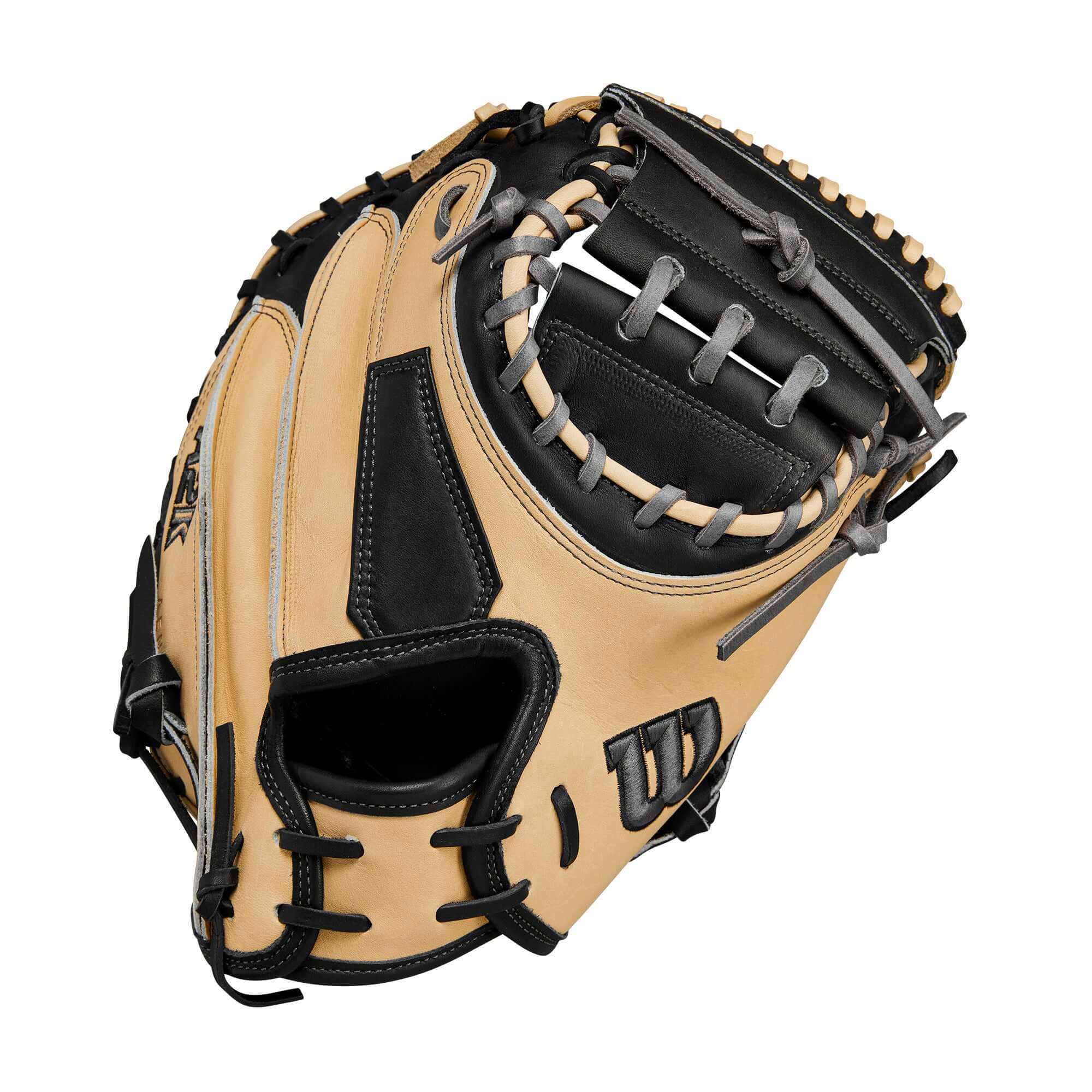 Wilson A2K M23 33.5" catcher's mitt in blonde and black, featuring thinner toe pads and a larger pocket for superior control.