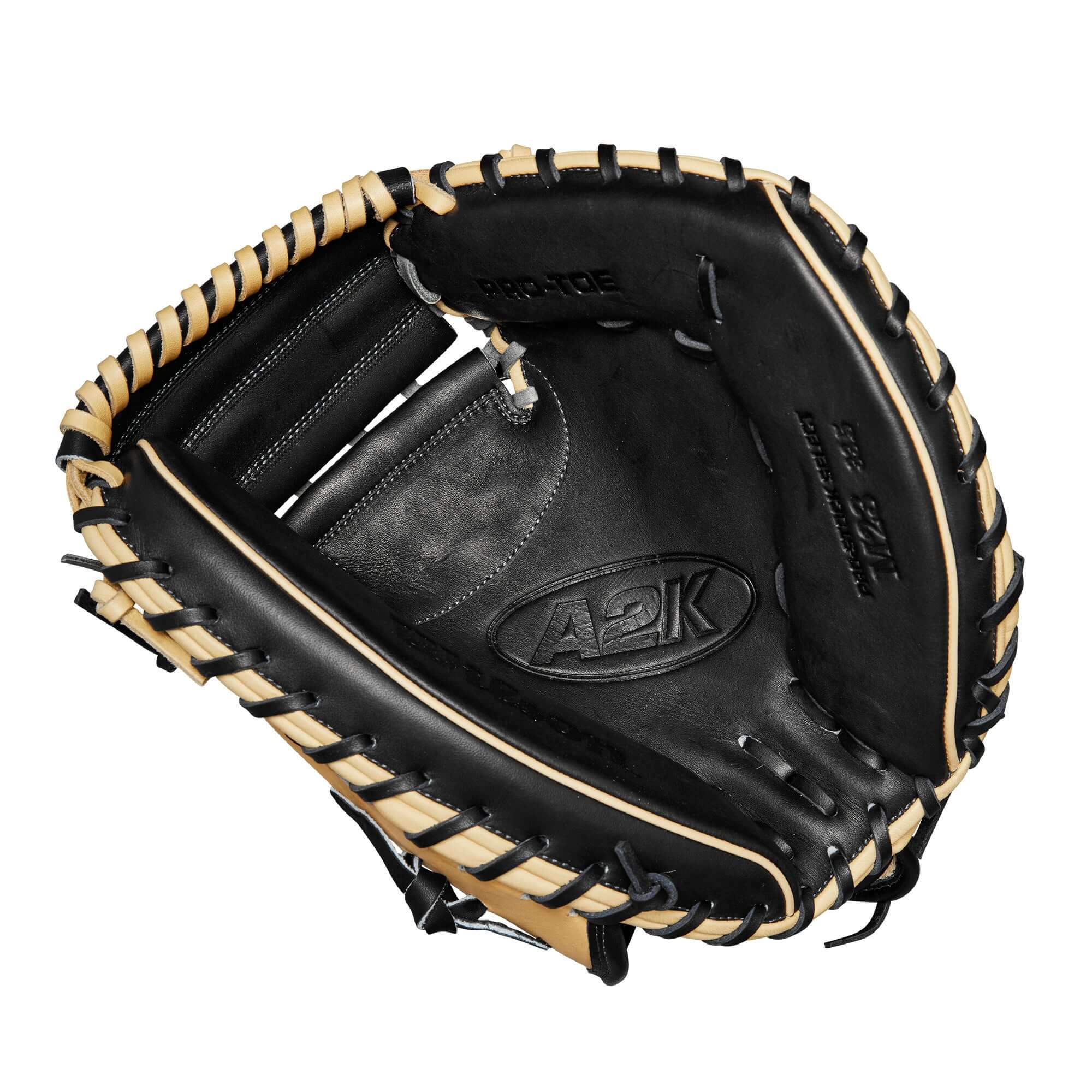 Wilson 2024 A2K M23 catcher's mitt interior view showcasing blonde and black leather design.