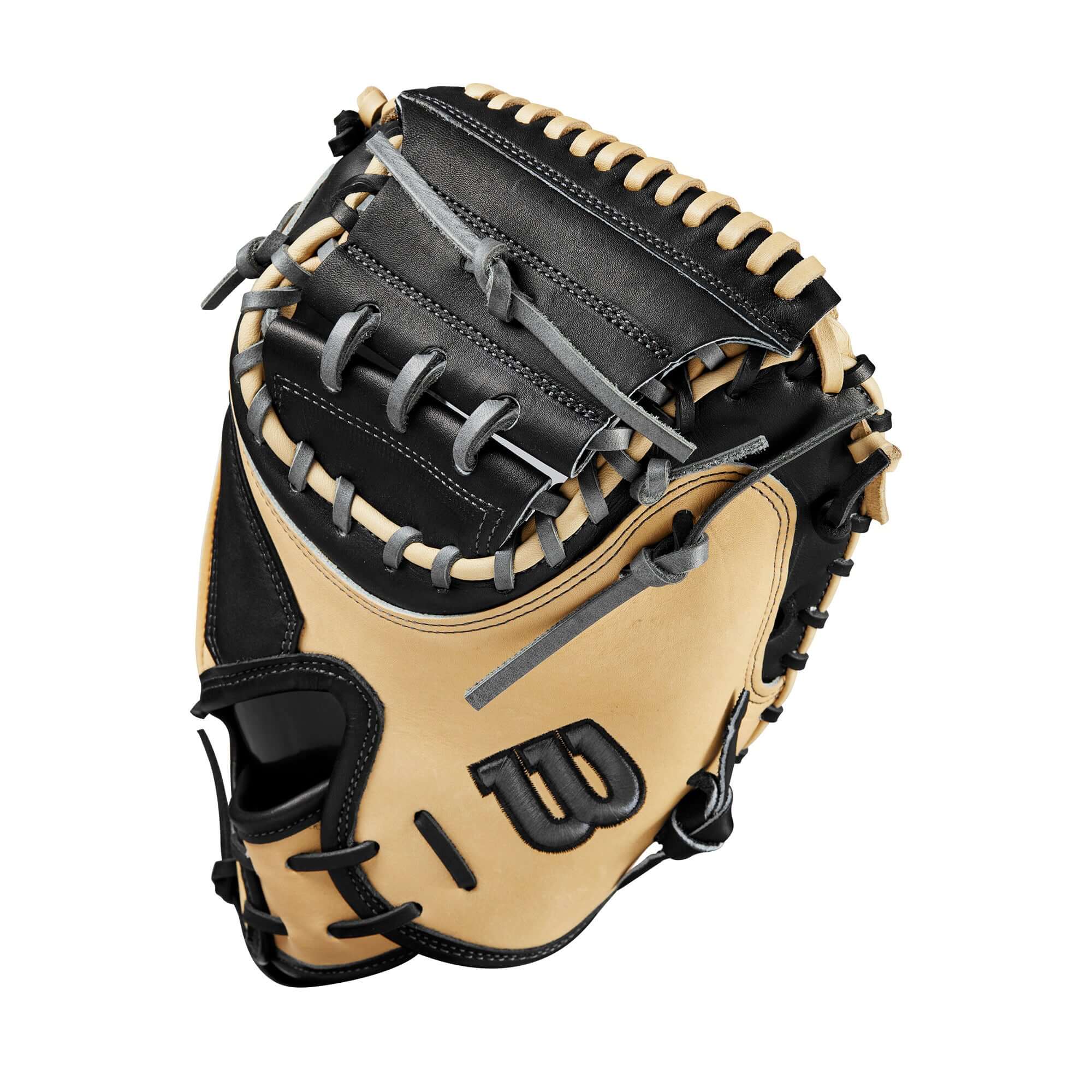 Wilson 2024 A2K M23 33.5" Catcher's Mitt in blonde and black, featuring thinner toe pads and a larger pocket for improved control.