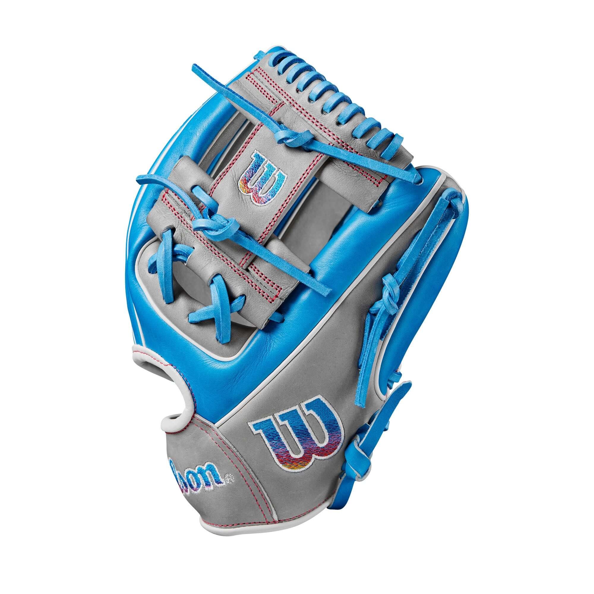 Wilson 2024 A2000 1786 blue and grey baseball glove with Autism Speaks logos and Pro Stock leather design.