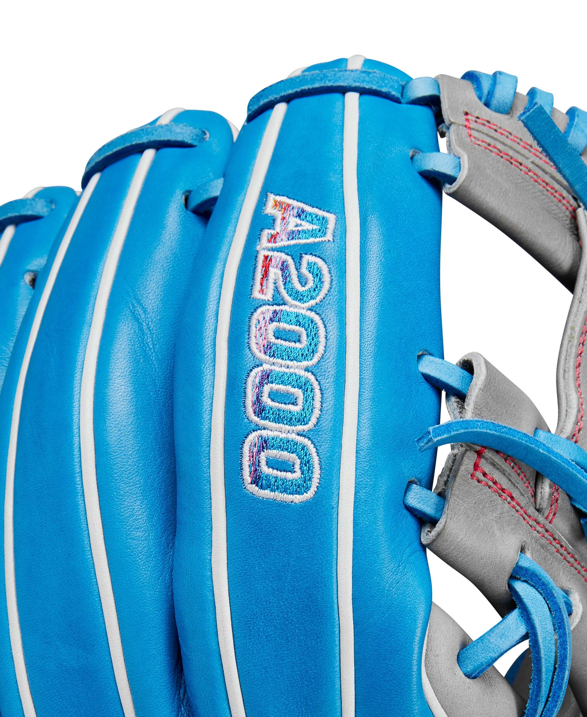 Close-up of Wilson A2000 glove in blue and grey with 'A2000' embroidery, showcasing Pro Stock leather quality and design.