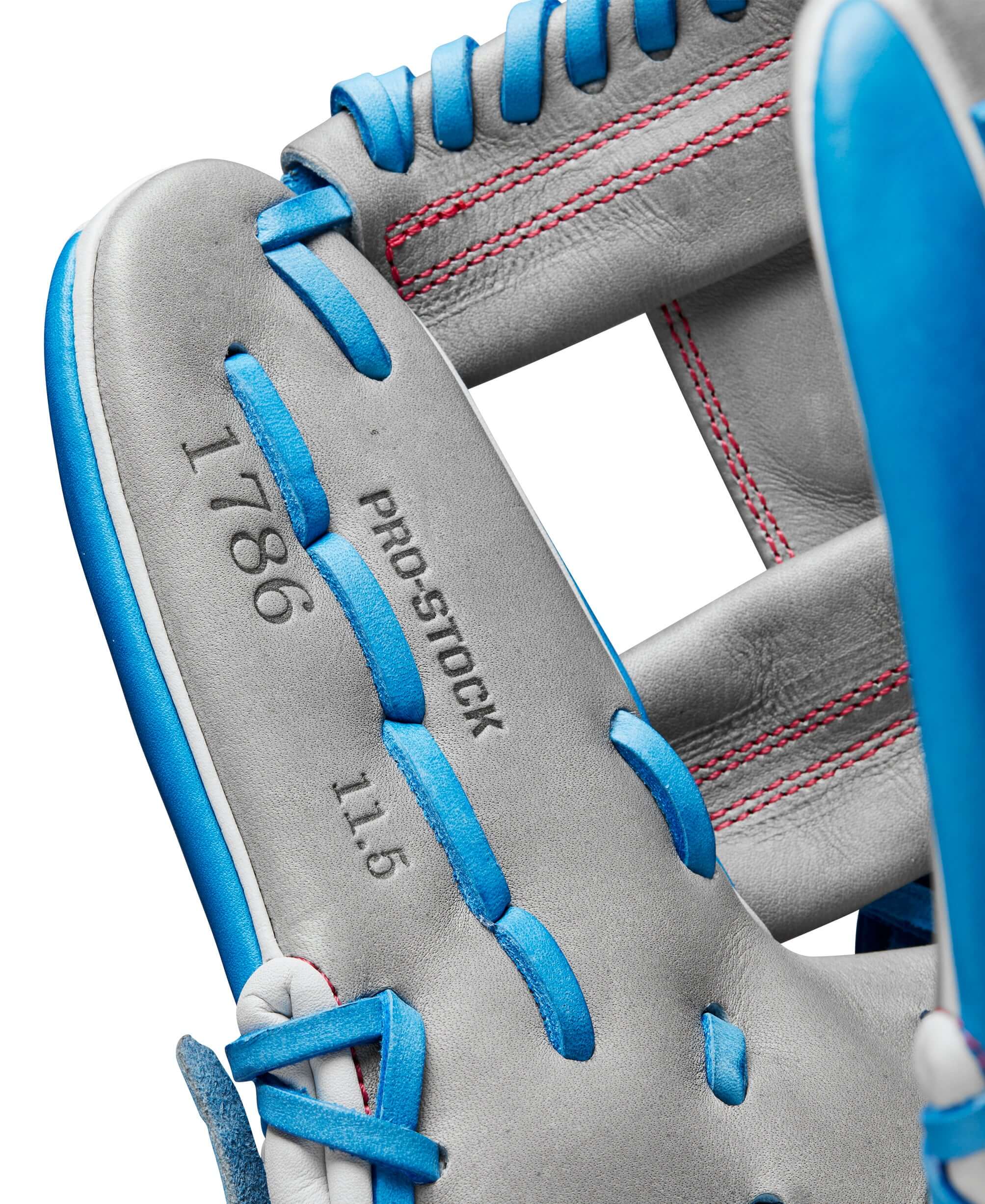 Close-up of the Wilson A2000 1786 glove showing Pro Stock® leather, blue stitching, and model details for durability and performance.