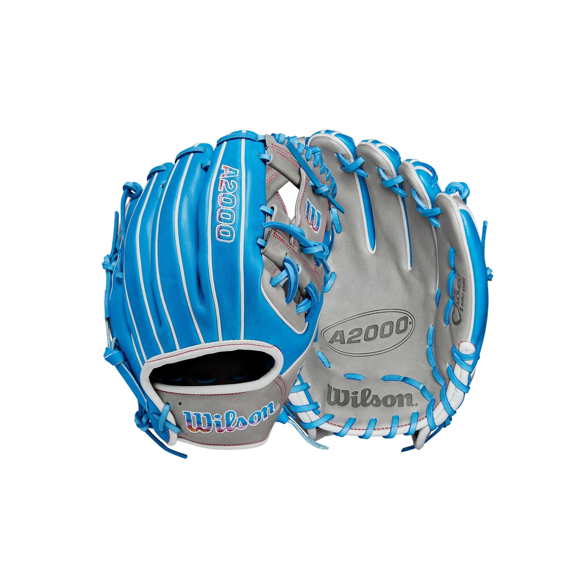 Wilson A2000 1786 glove in blue and grey, featuring Pro Stock leather and shallow pocket design for infield play.