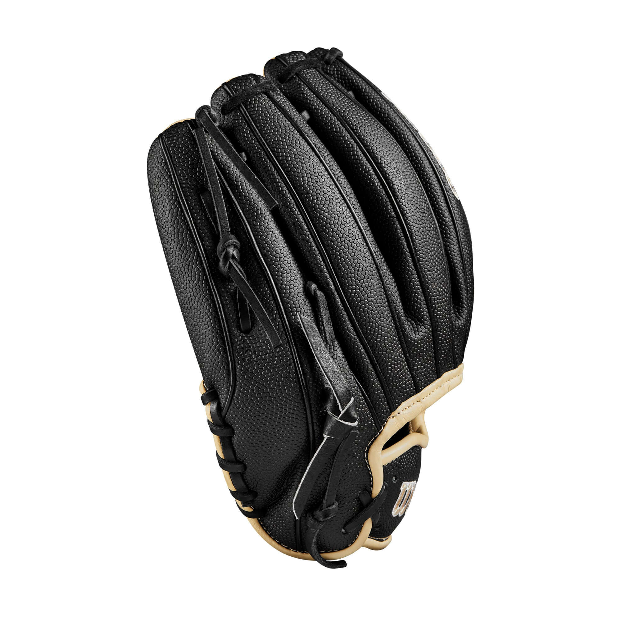 Wilson 2024 A2000 B23 12" Pitcher's Baseball Glove, black leather design with modified wrist strap for secure fit.