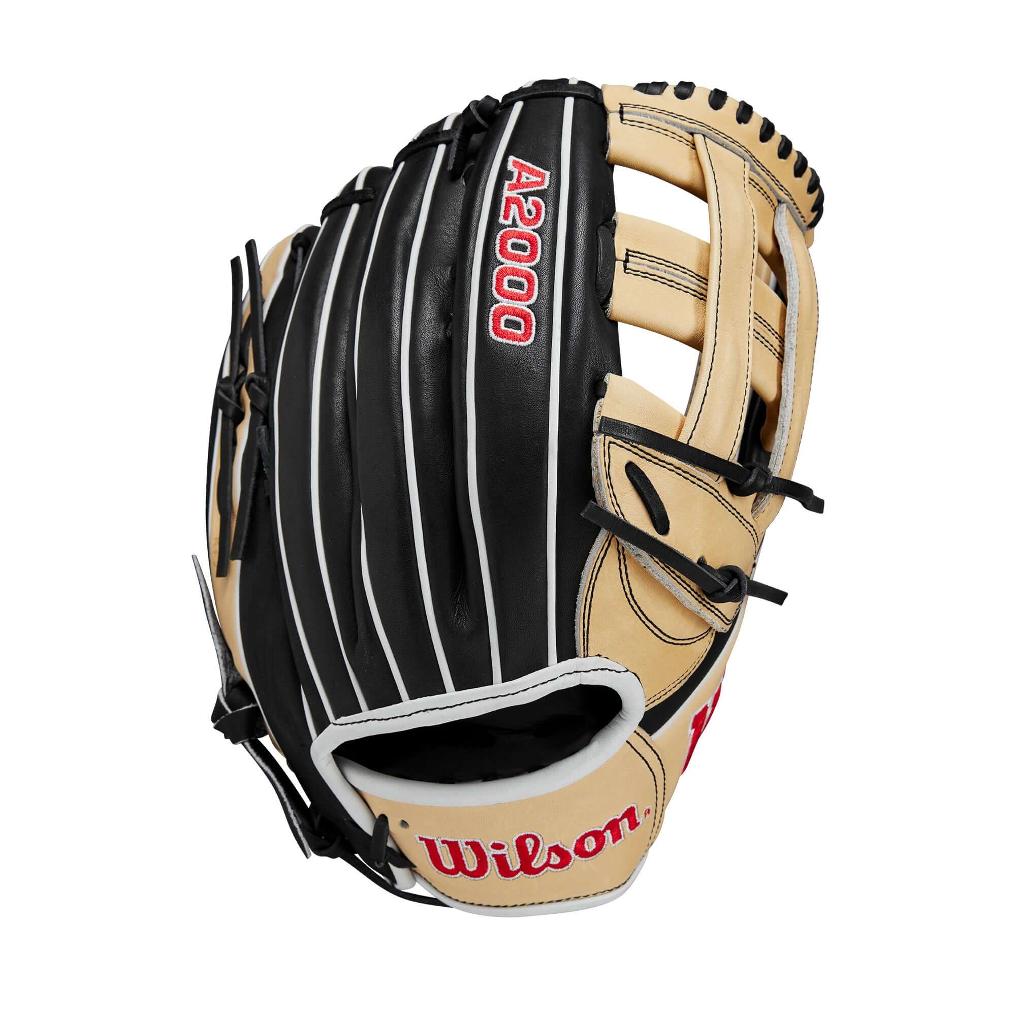 Wilson A2000 1750 black and blonde baseball glove for outfielders measuring 12.5 inches.