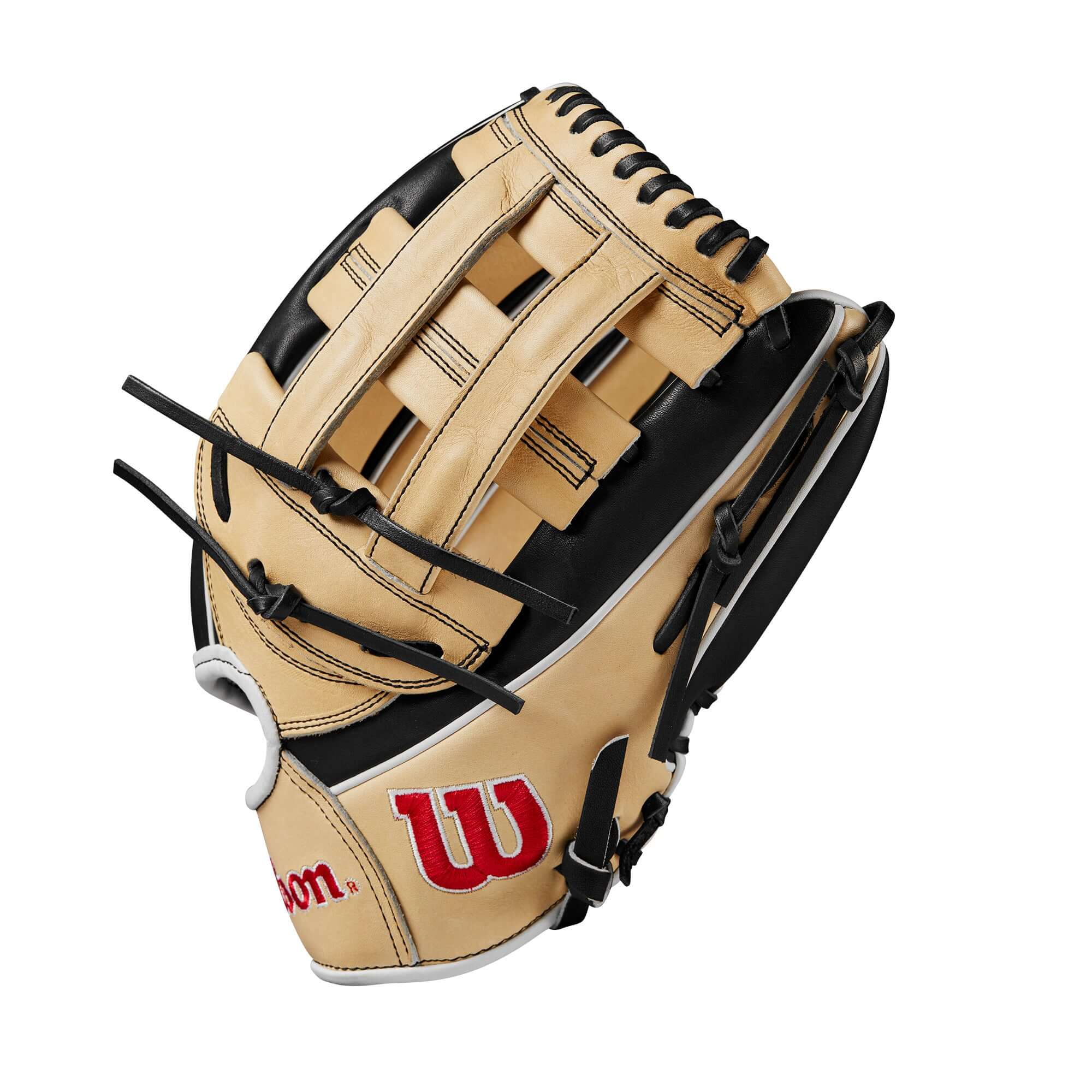 Wilson 2024 A2000 1750 glove in black, blonde, and red, designed for outfielders with a 12.5" size and secure wrist opening.