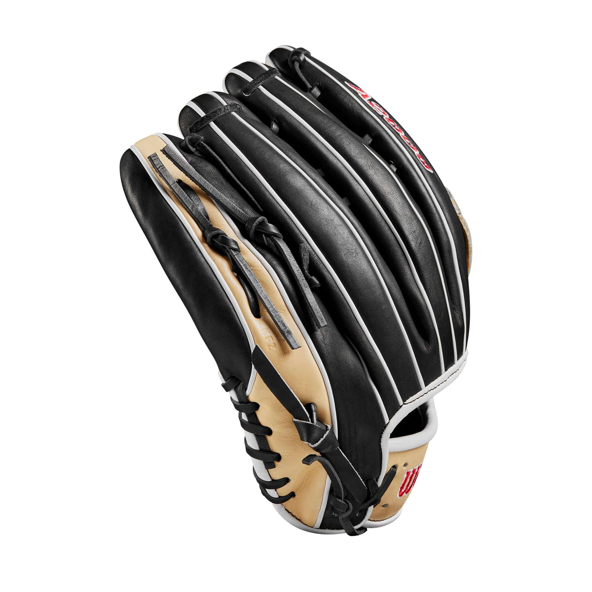 Wilson A2000 1750 baseball glove in black, blonde, and red, designed for outfielders with a 12.5” length.