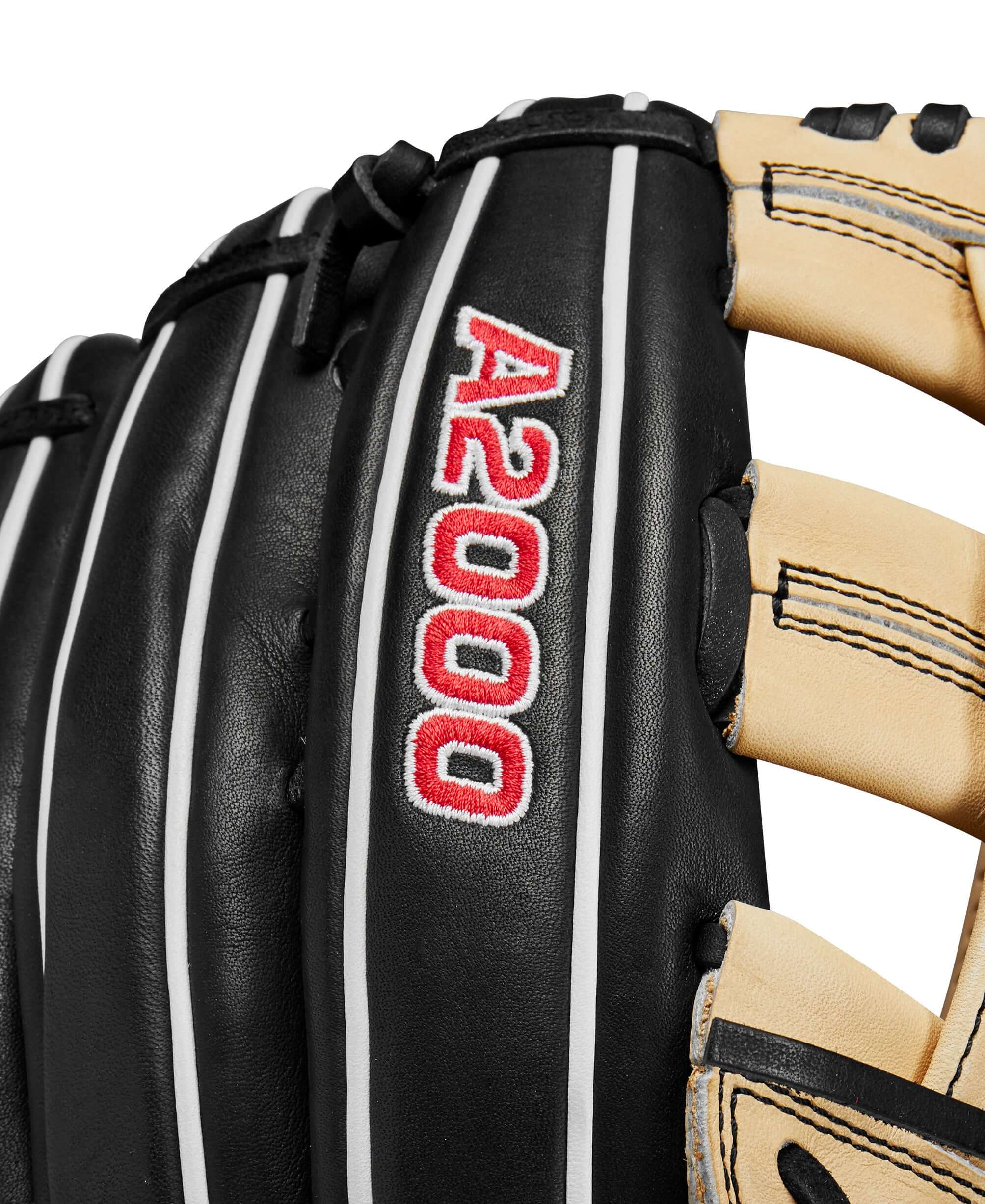 Close-up of the Wilson A2000 1750 glove, showcasing the black leather, blonde accents, and red A2000 logo.
