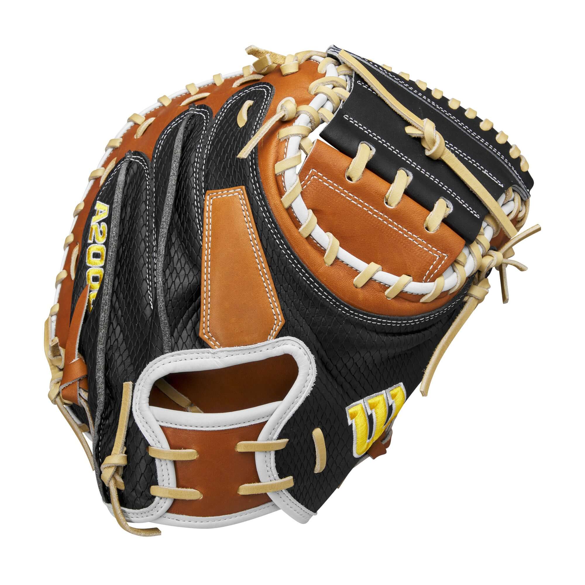 Wilson A2000 M23 Catcher's Mitt 33.5" in black, blonde, and white leather with unique design for enhanced pitch framing.