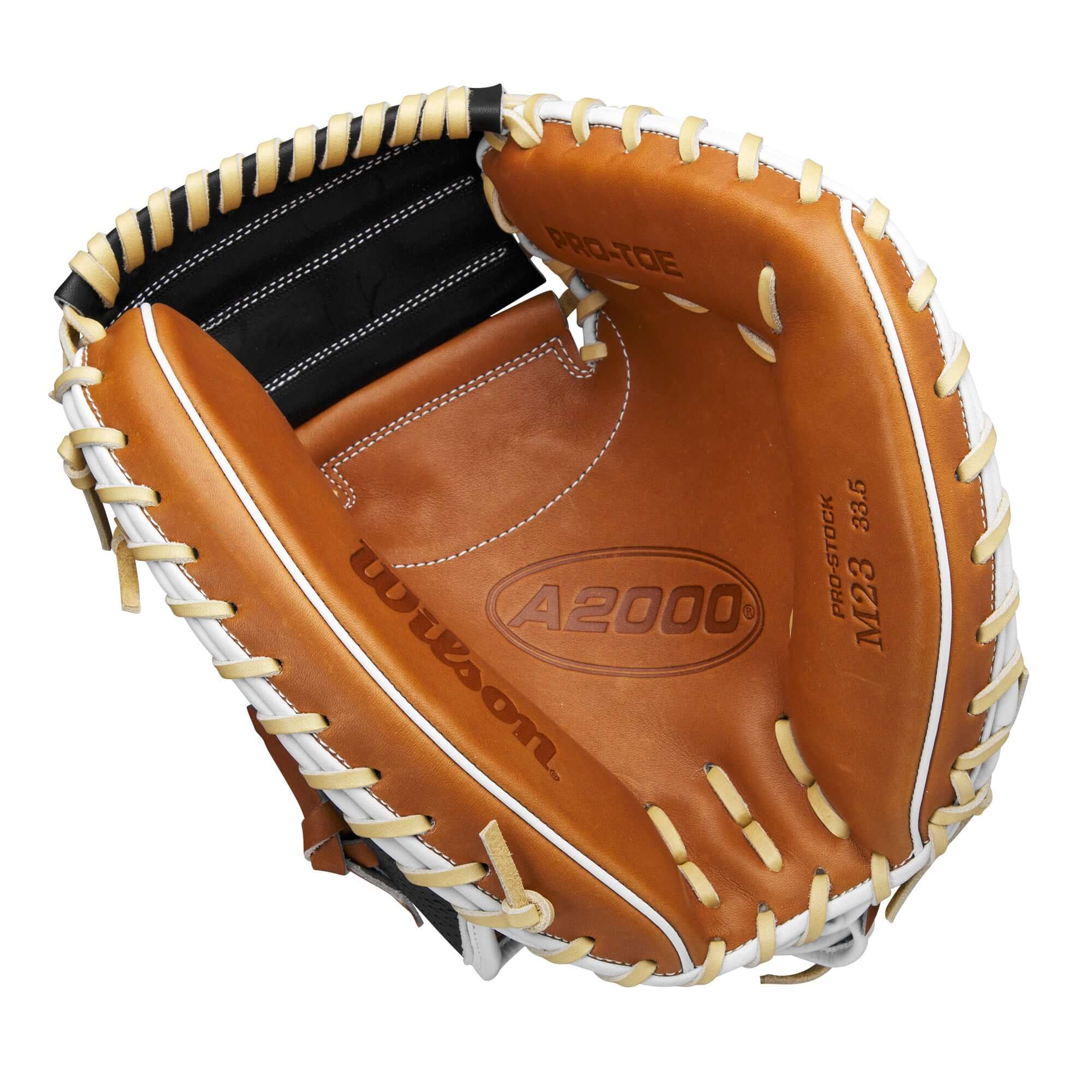 Wilson A2000 M23 Catchers Mitt interior view, featuring Saddle Tan Pro Stock leather and "thumb-up" design for enhanced catching.