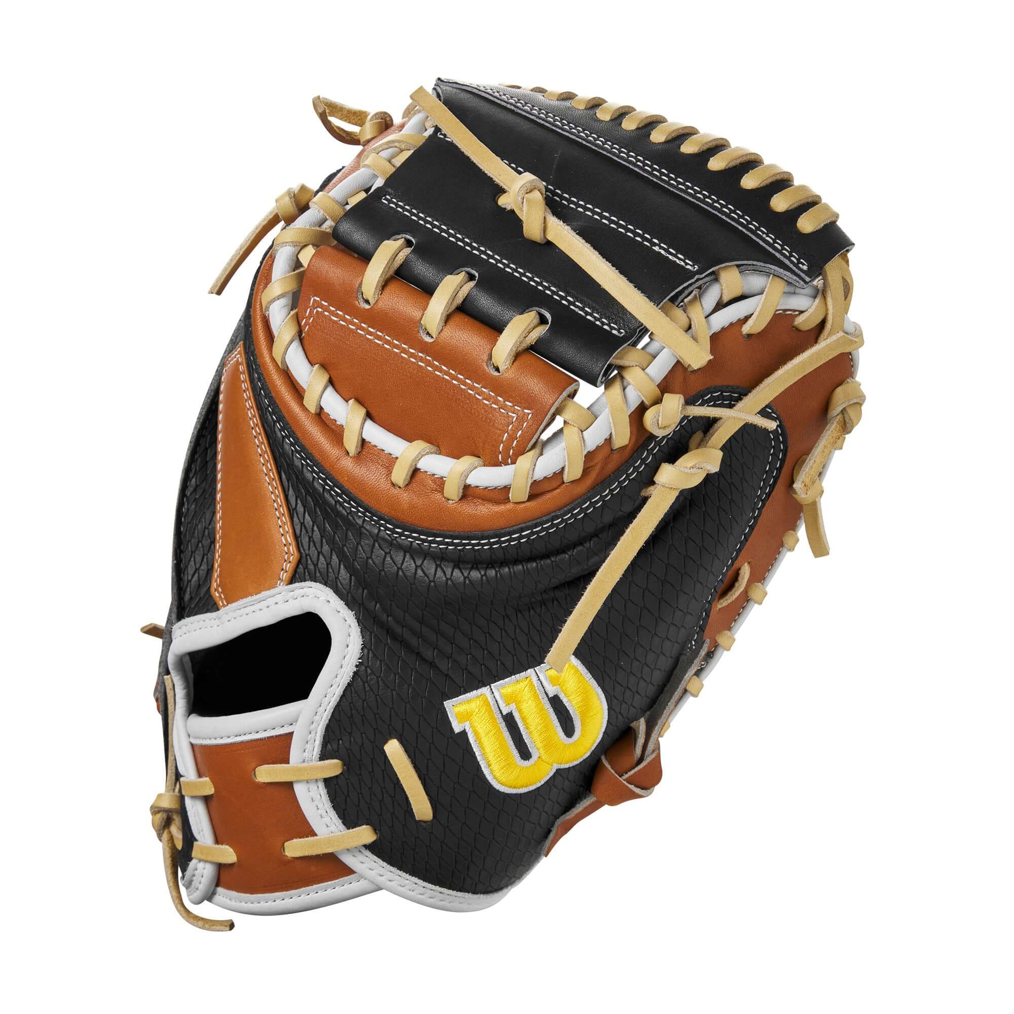 Wilson 2024 A2000 M23 Catcher’s Mitt in black, blonde, and white with a 33.5” design, ideal for modern catchers.
