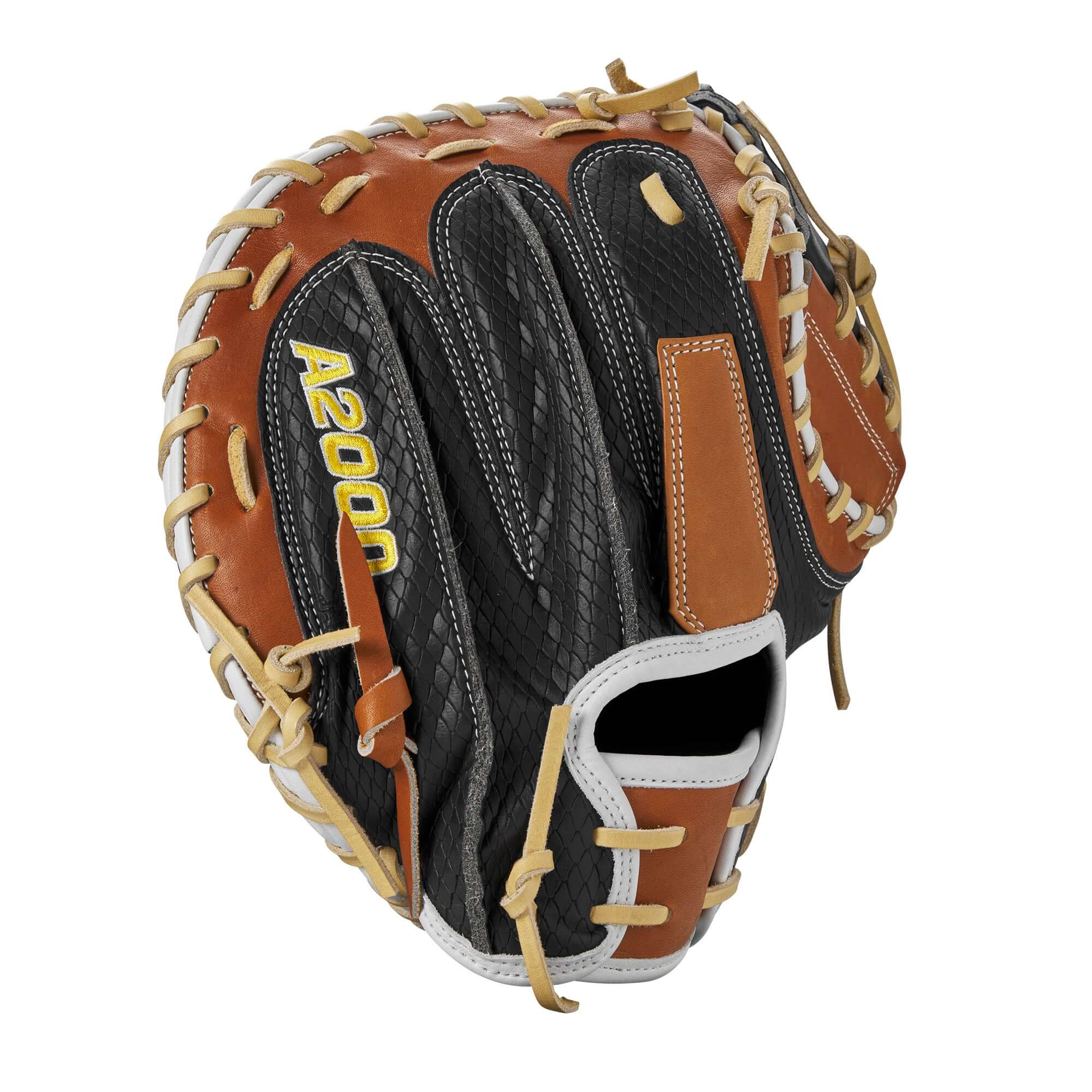 Wilson A2000 M23 Catcher's Mitt 33.5" in black, blonde, and white, showcasing its design for optimal pitch framing.