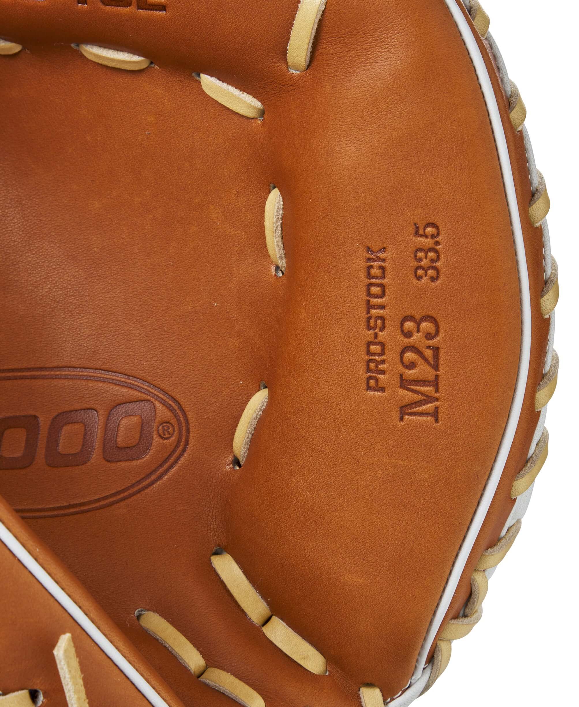 Close-up of the Wilson A2000 M23 33.5" Catchers Mitt showing Pro Stock leather and M23 model details.