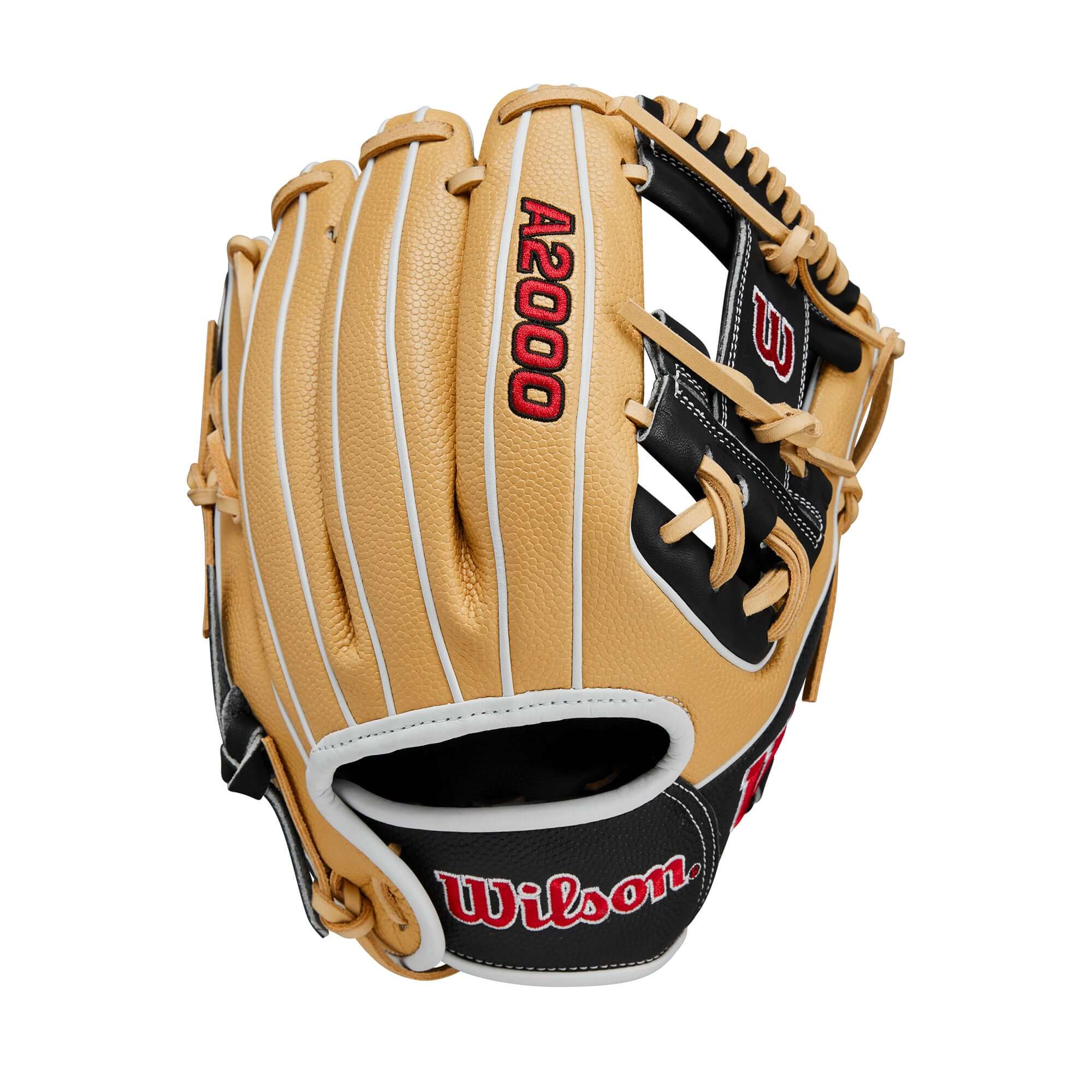 Wilson 2024 A2000 DP15SS infield glove featuring blonde, black, and white colors; designed for a secure fit for smaller hands.