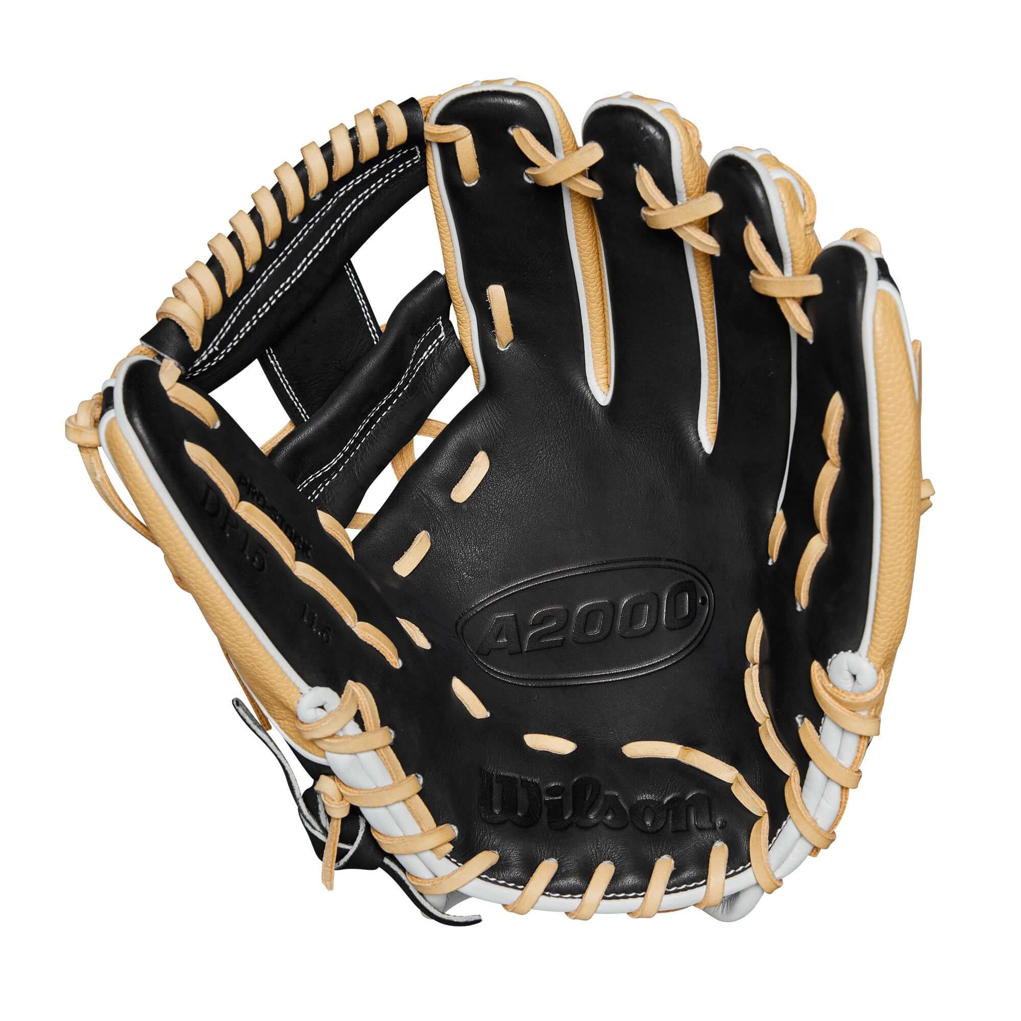 Wilson A2000 DP15SS infield glove featuring black, blonde, and white Pro Stock leather for optimal performance and fit.