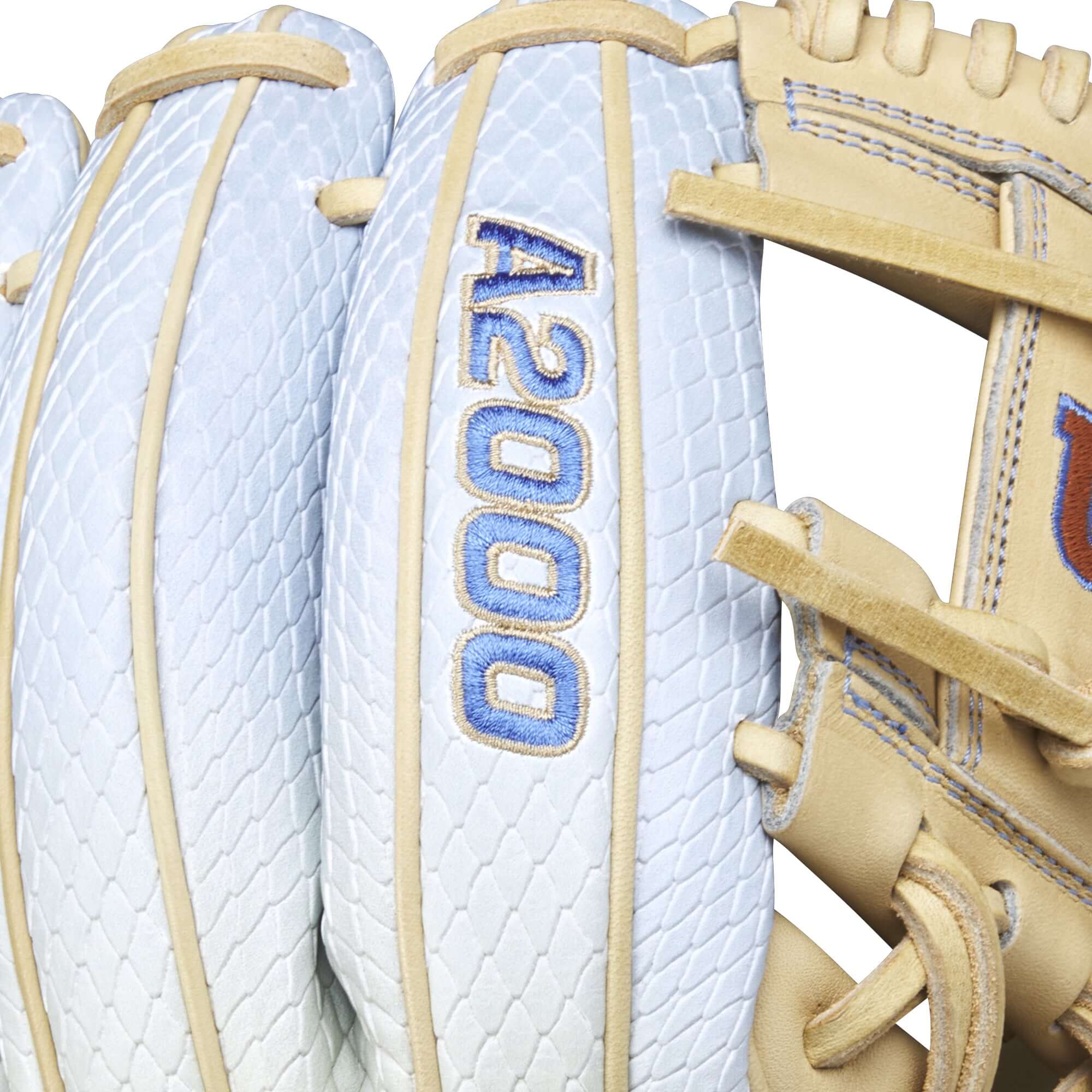 Close-up of Wilson 2024 Arizona Sky A2000 1786SS baseball glove showing SuperSnakeSkin™ and A2000 branding.