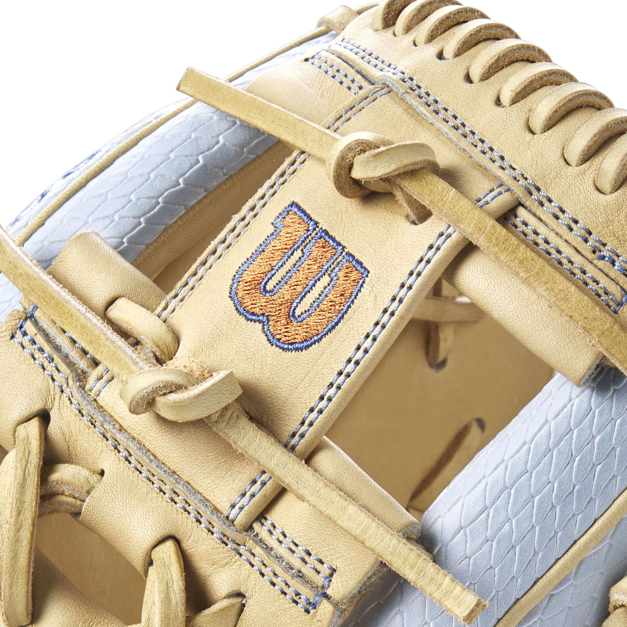 Wilson 2024 Arizona Sky A2000 1786SS 11.5” infield baseball glove close-up showing SuperSnakeSkin and Pro Stock leather details.