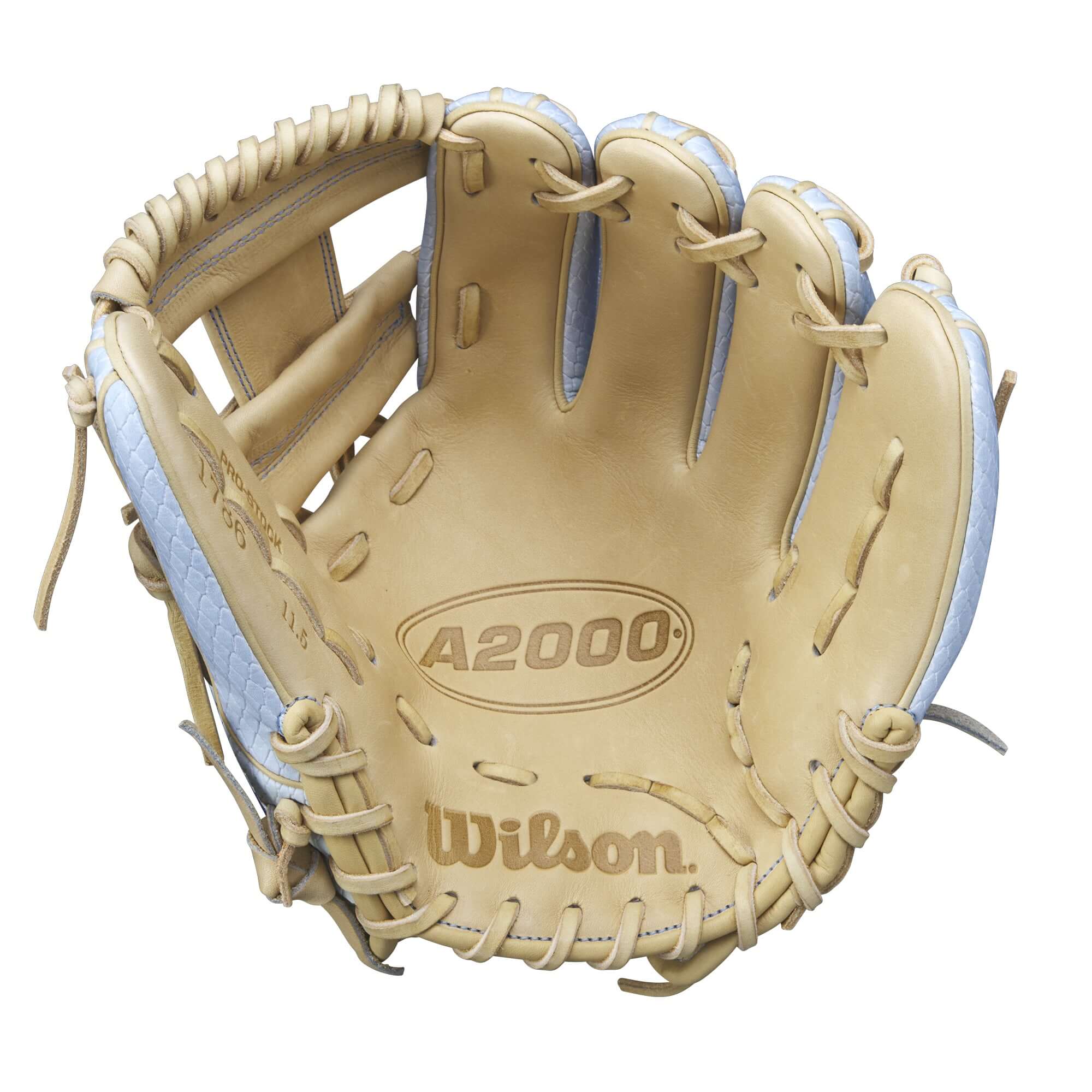 Wilson A2000 1786SS 11.5” infield baseball glove in Sky Blue and Blonde leather, showcasing lightweight design and durability.