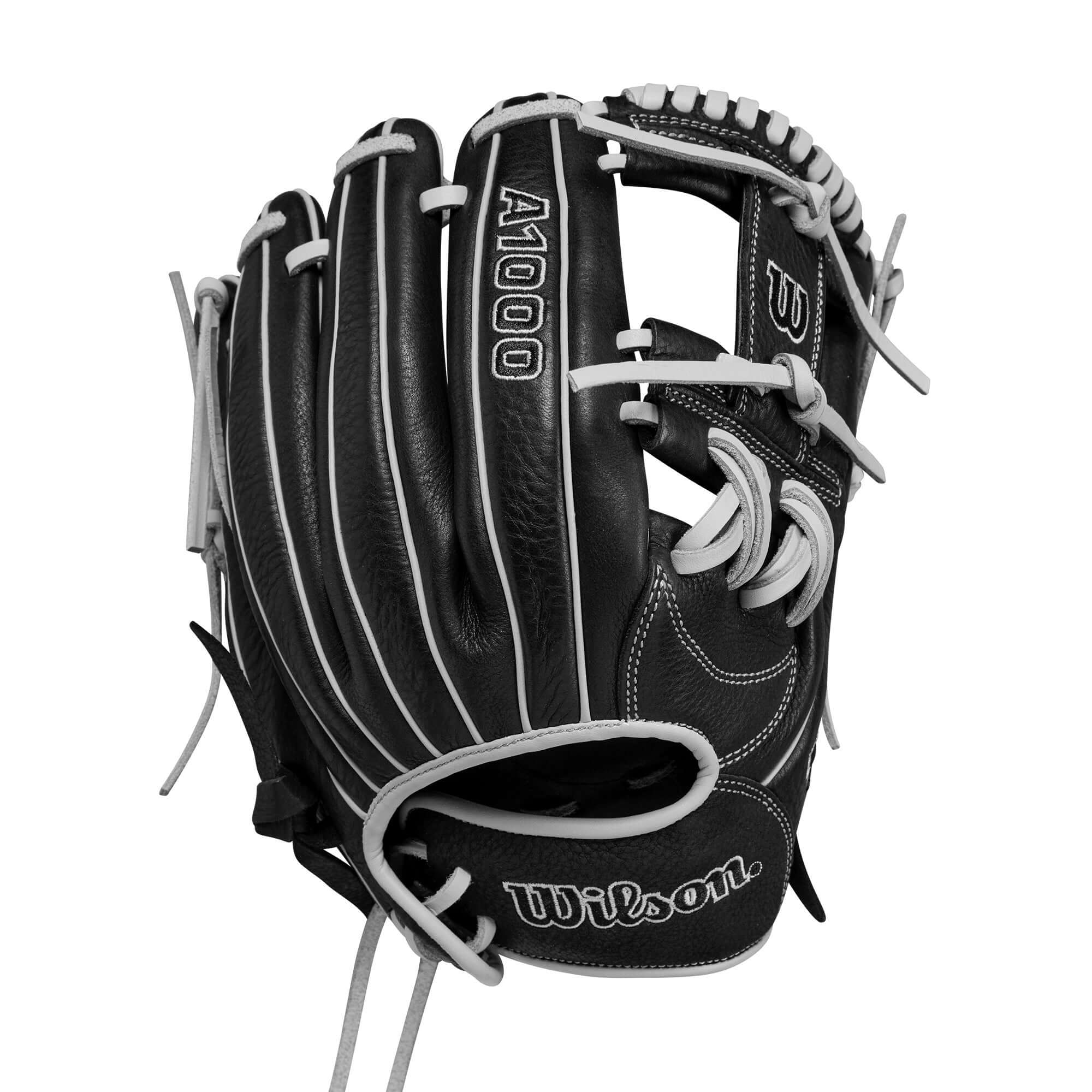 Wilson 2024 A1000 H75 infield softball glove in black and silver, 11.75 inches, ideal for youth travel ball players.