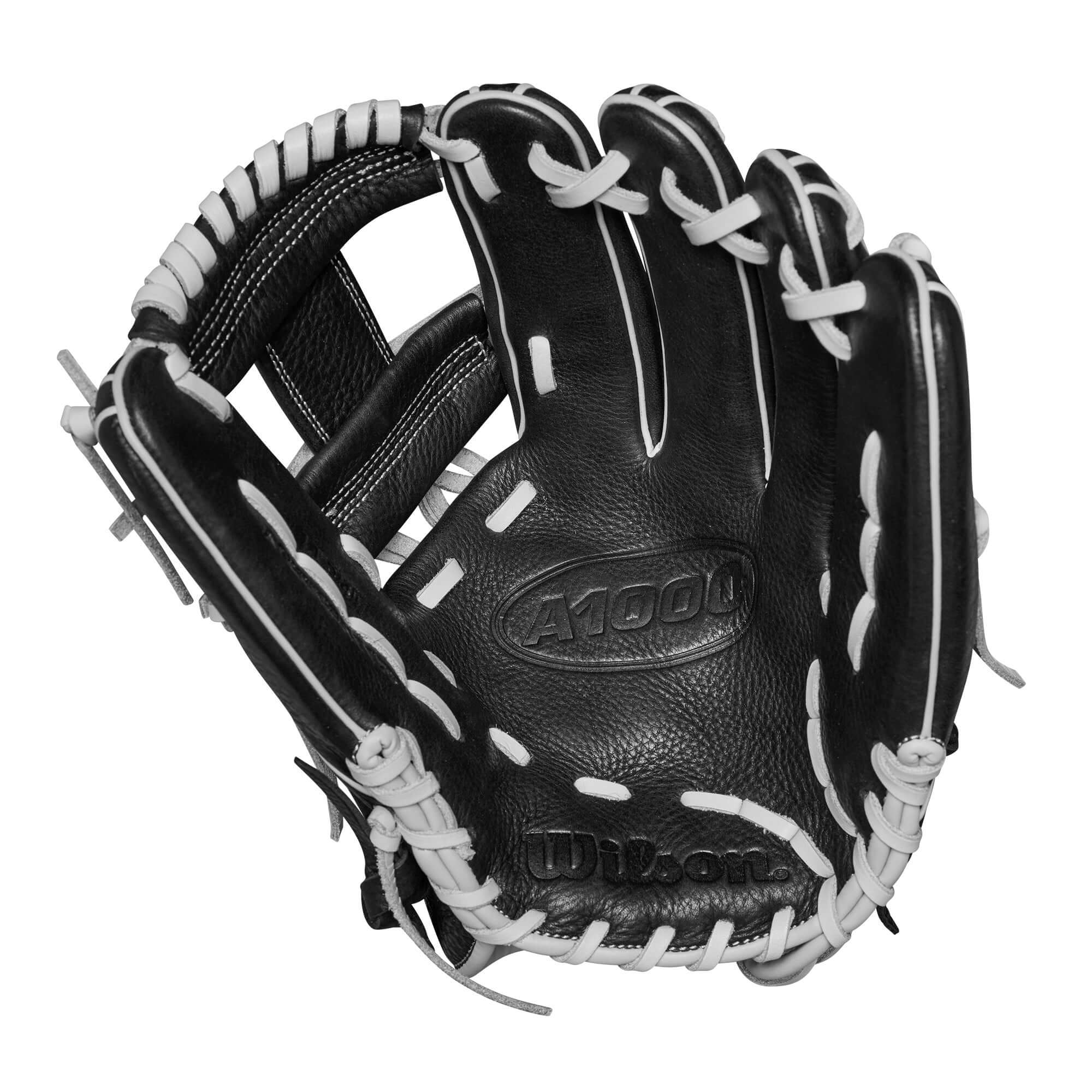 Wilson 2024 A1000 H75 infield fastpitch softball glove in black with white stitching, 11.75” size for young players.