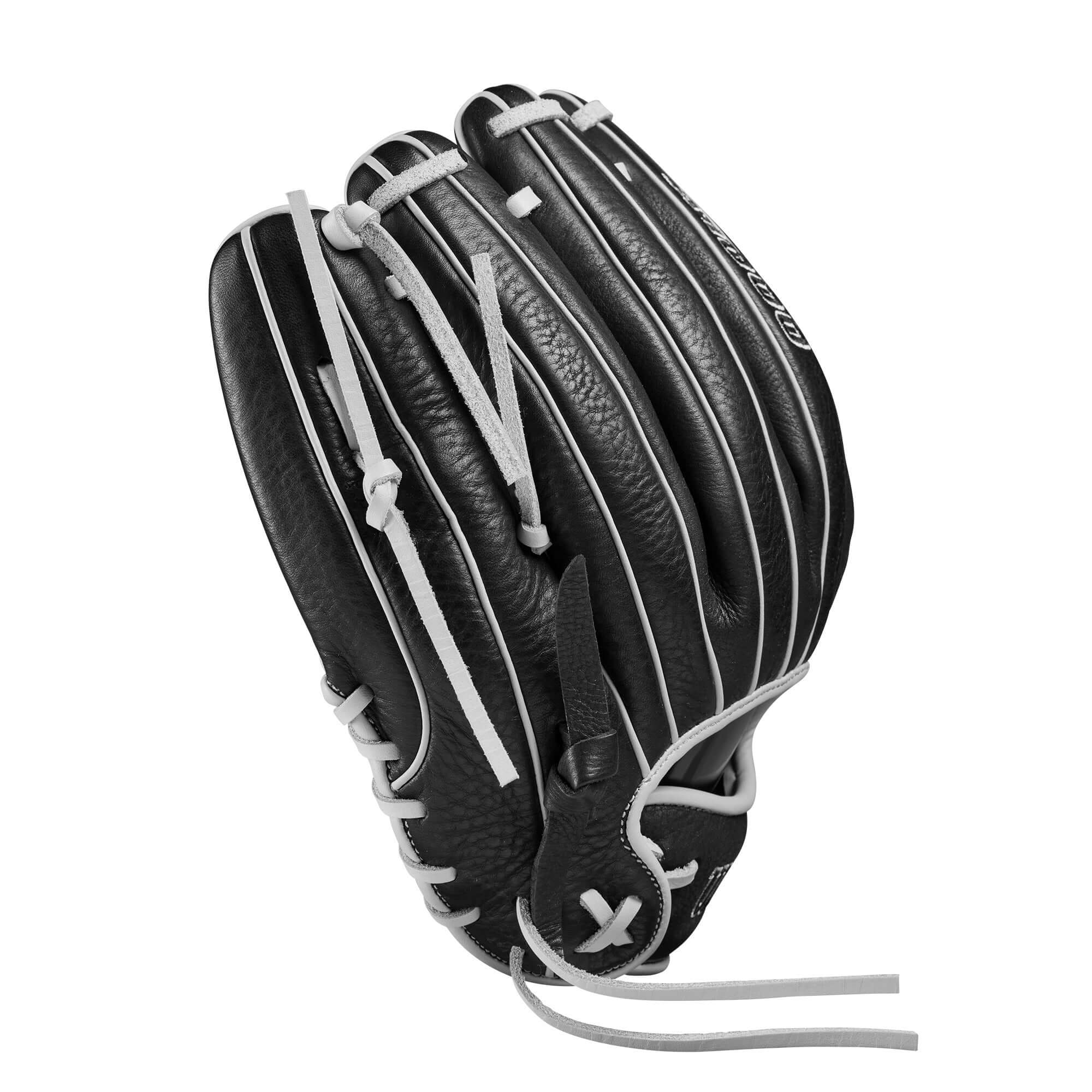 Wilson 2024 A1000 H75 Black/Silver 11.75" infield fastpitch softball glove, designed for young players.