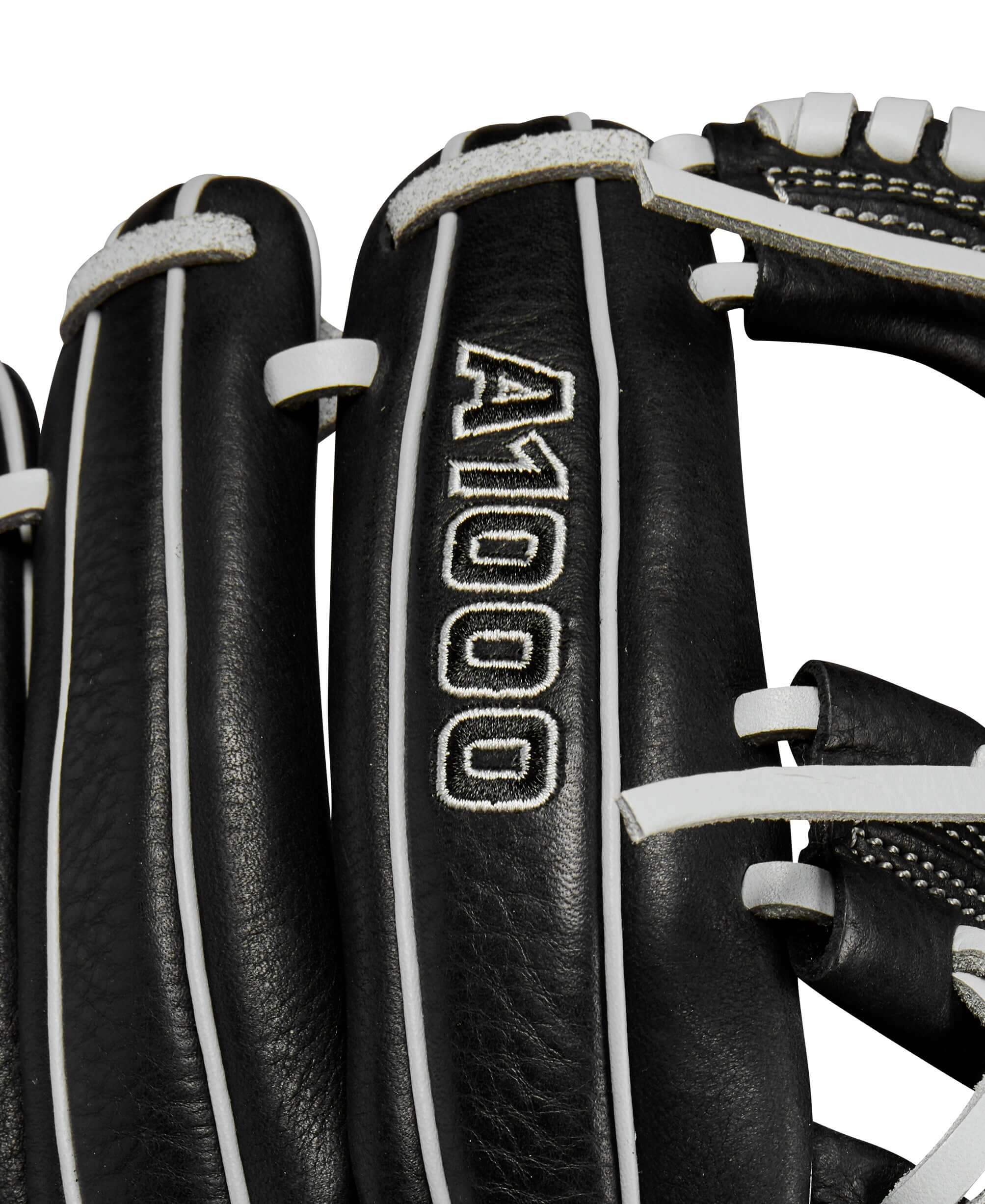 Close-up of Wilson A1000 fastpitch softball glove showcasing black leather with white stitching details.