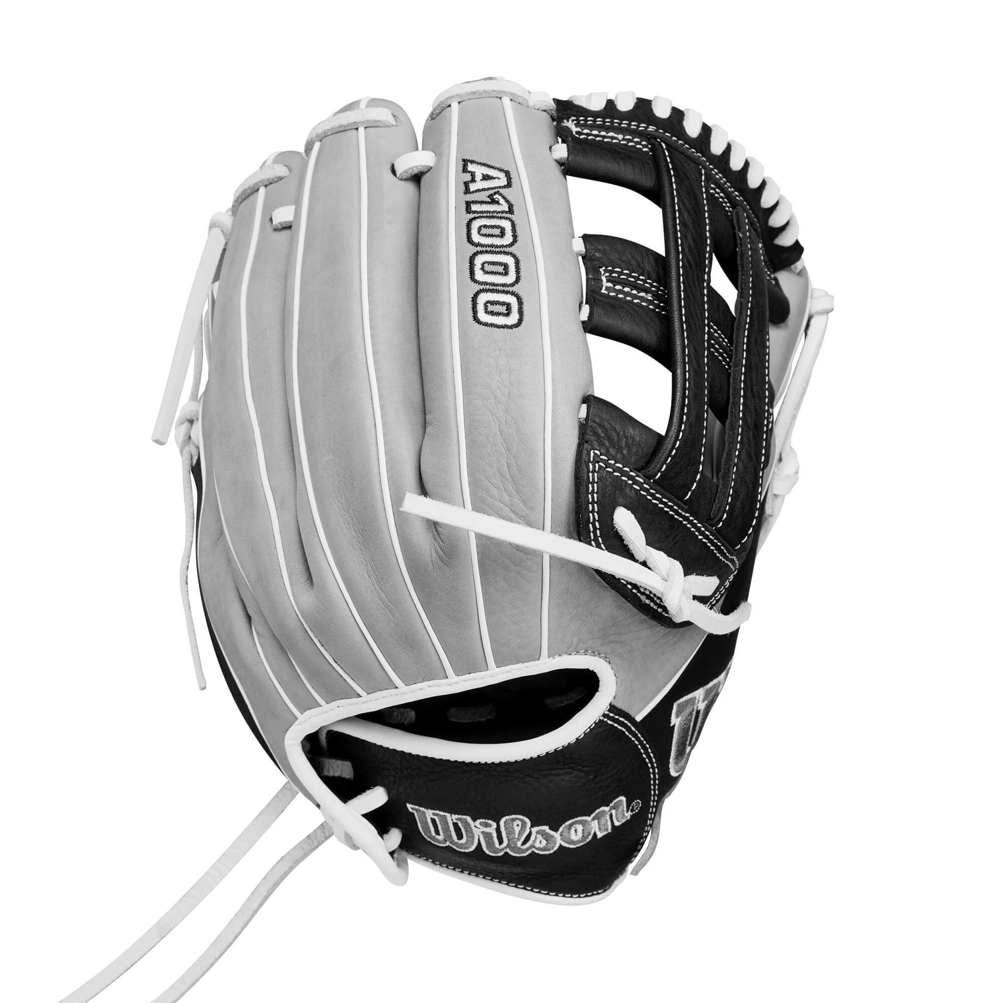 Wilson A1000 IF12 infield softball glove in silver, black, and white with a sturdy dual post web design.