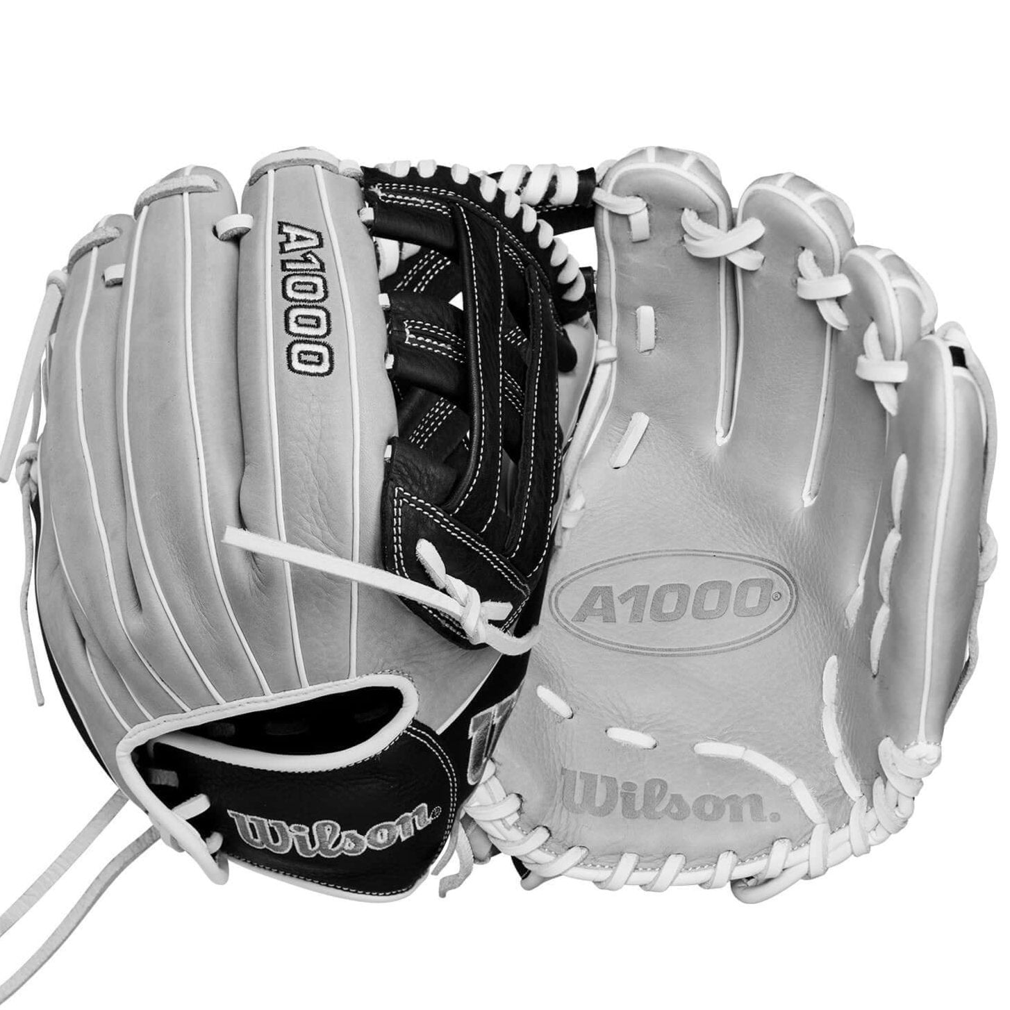 Wilson A1000 IF12 infield softball glove in silver, black, and white, featuring a Dual Post Web design.