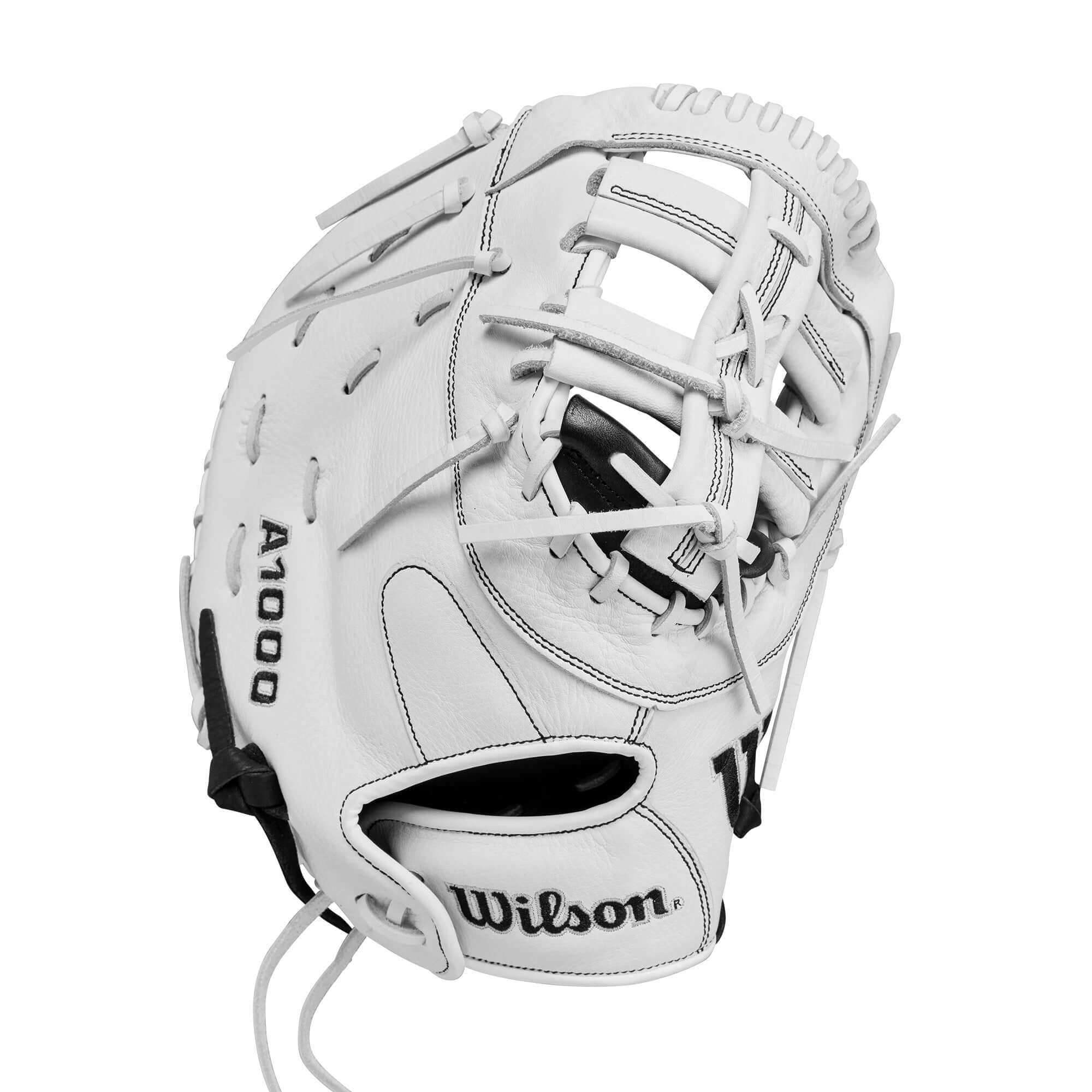 Wilson A1000 1620 Fastpitch Softball First Base Mitt in white, designed for young players to improve fielding skills.