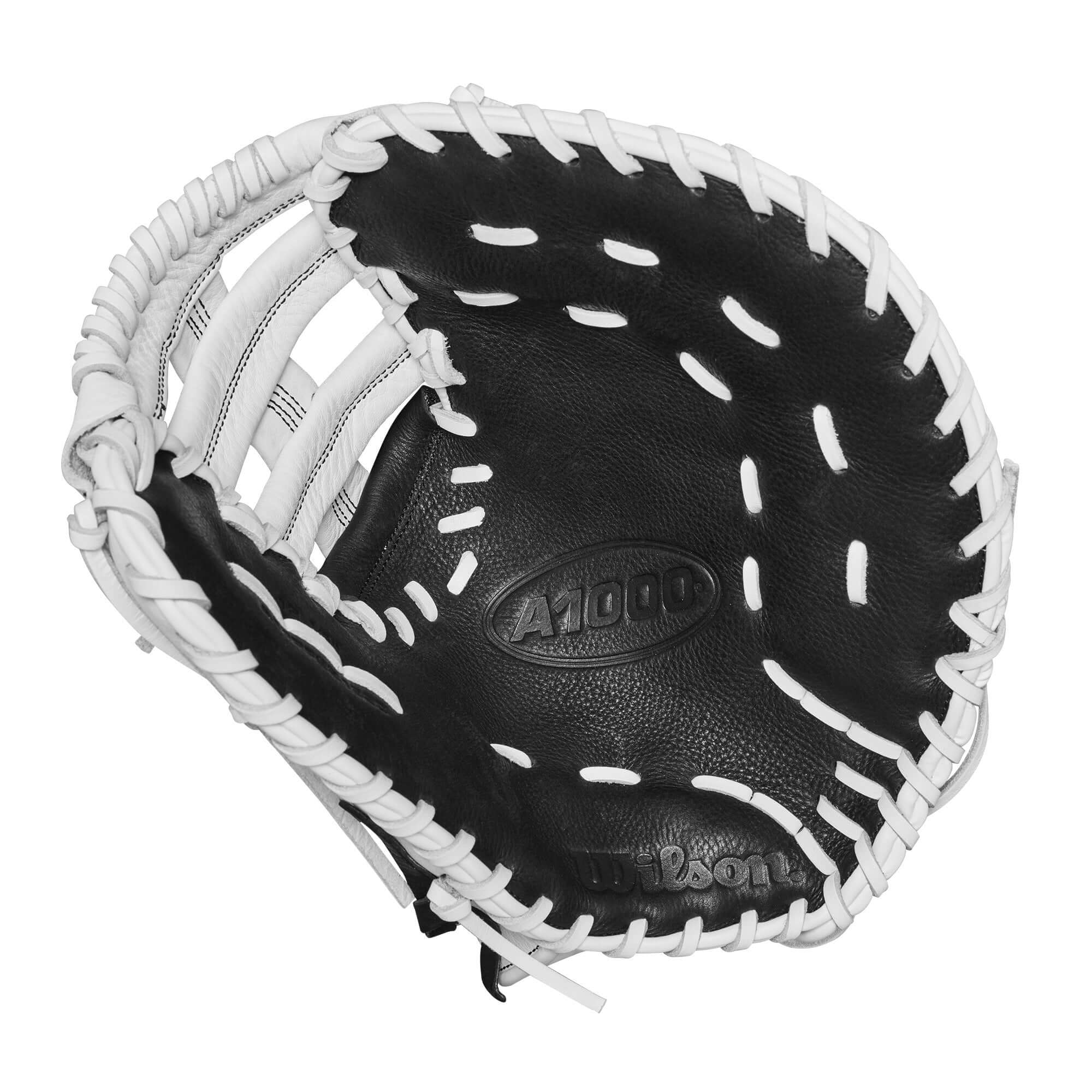 Wilson A1000 1620 fastpitch softball first base mitt interior view, featuring black leather and white stitching.