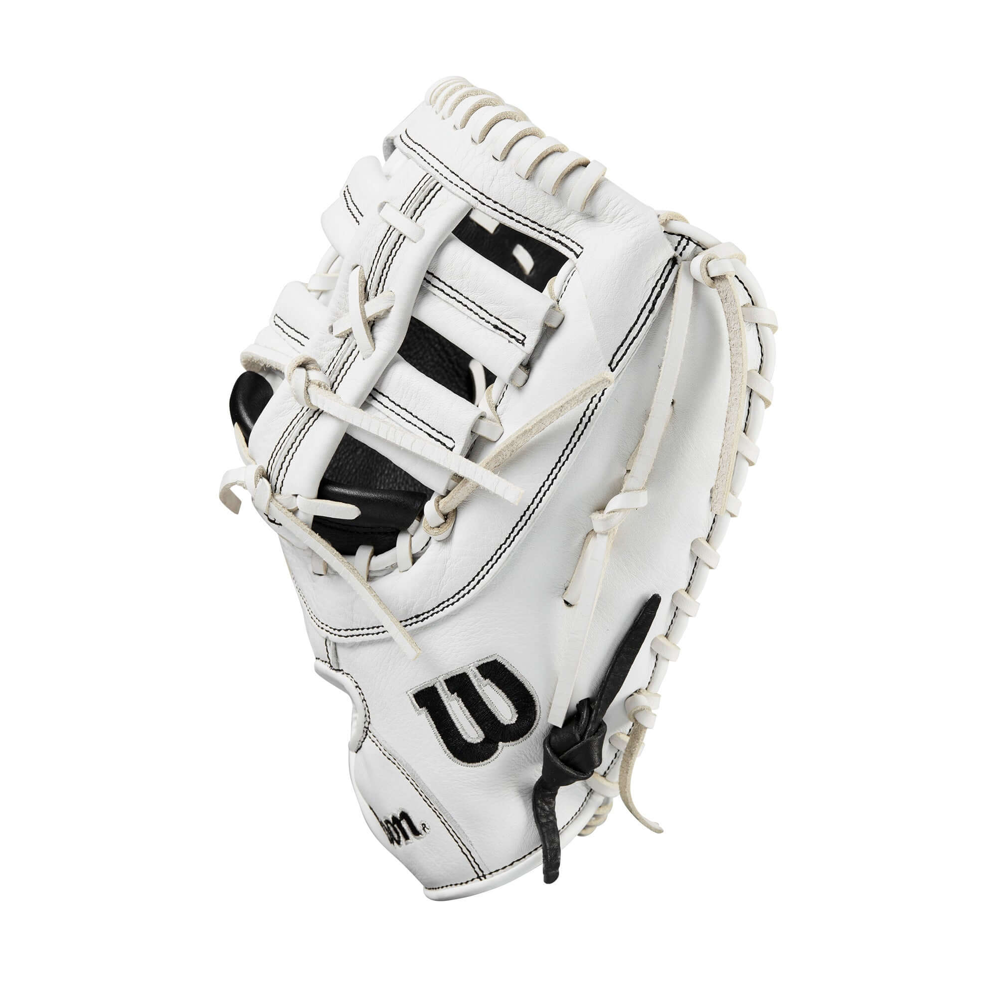 Wilson 2024 A1000 1620 Fastpitch Softball First Base Mitt in black, white, and silver, 12.5 inches, featuring a deep pocket design.