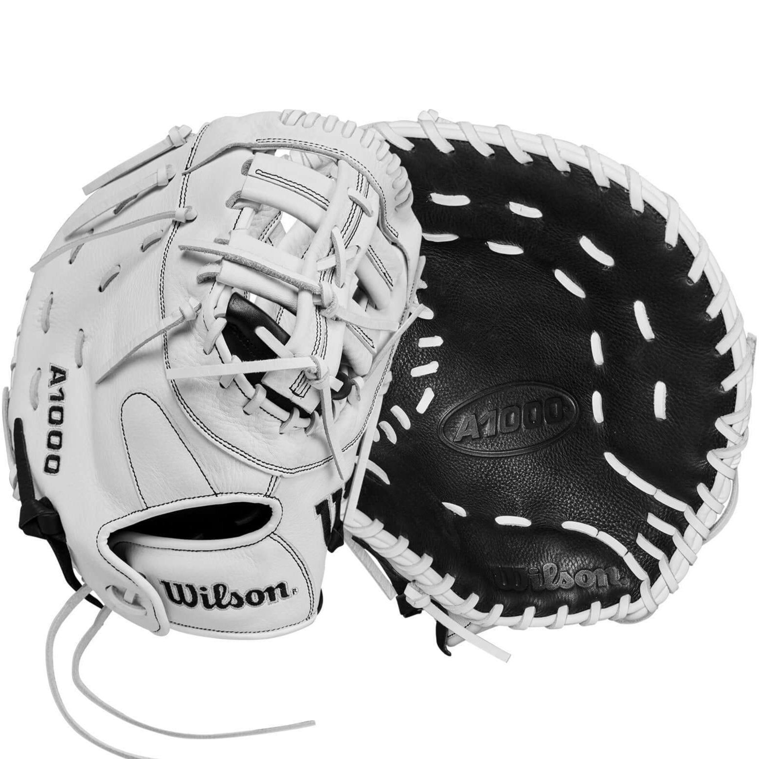 Wilson A1000 1620 fastpitch softball first base mitt in black, white, and silver, showing inside pocket and lacing details.