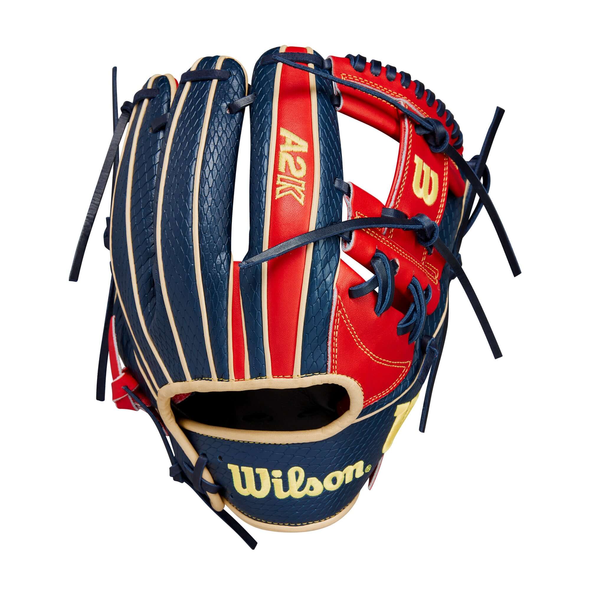 Wilson 2024 A2K Ozzie Albies 11.5" glove in navy blue and red, designed for second base and shortstop control.