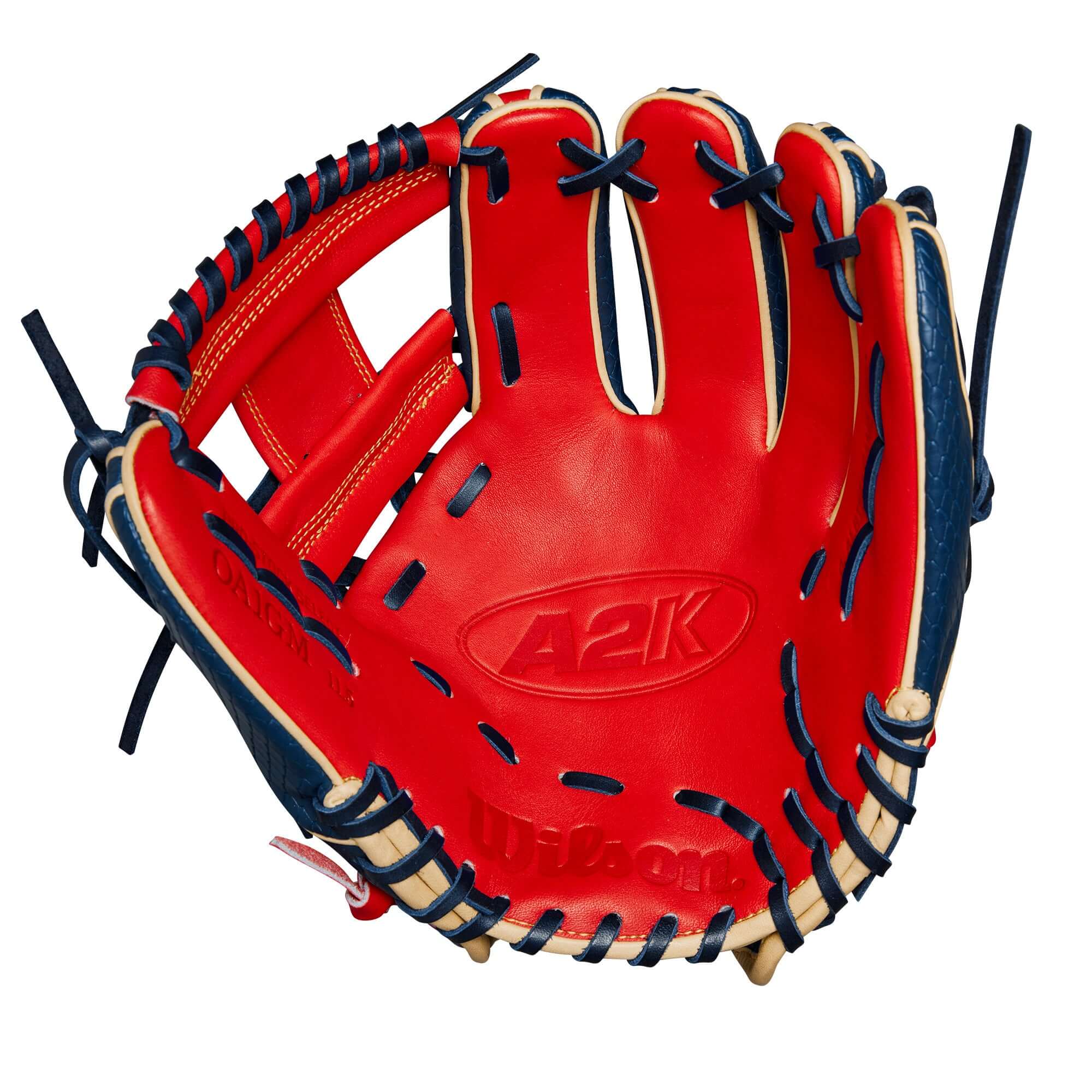 Wilson 2024 A2K Ozzie Albies Game Model glove in red and navy, 11.5" designed for precision play at second base.