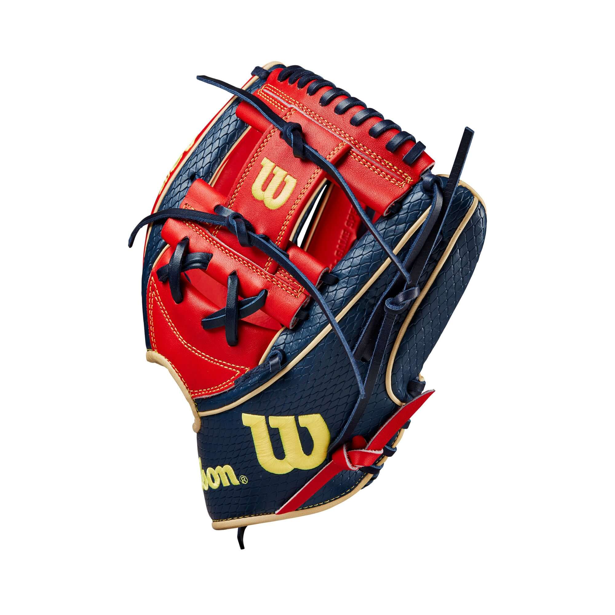 Wilson 2024 A2K Ozzie Albies Game Model glove in navy and red, designed for optimal control and lightweight performance.