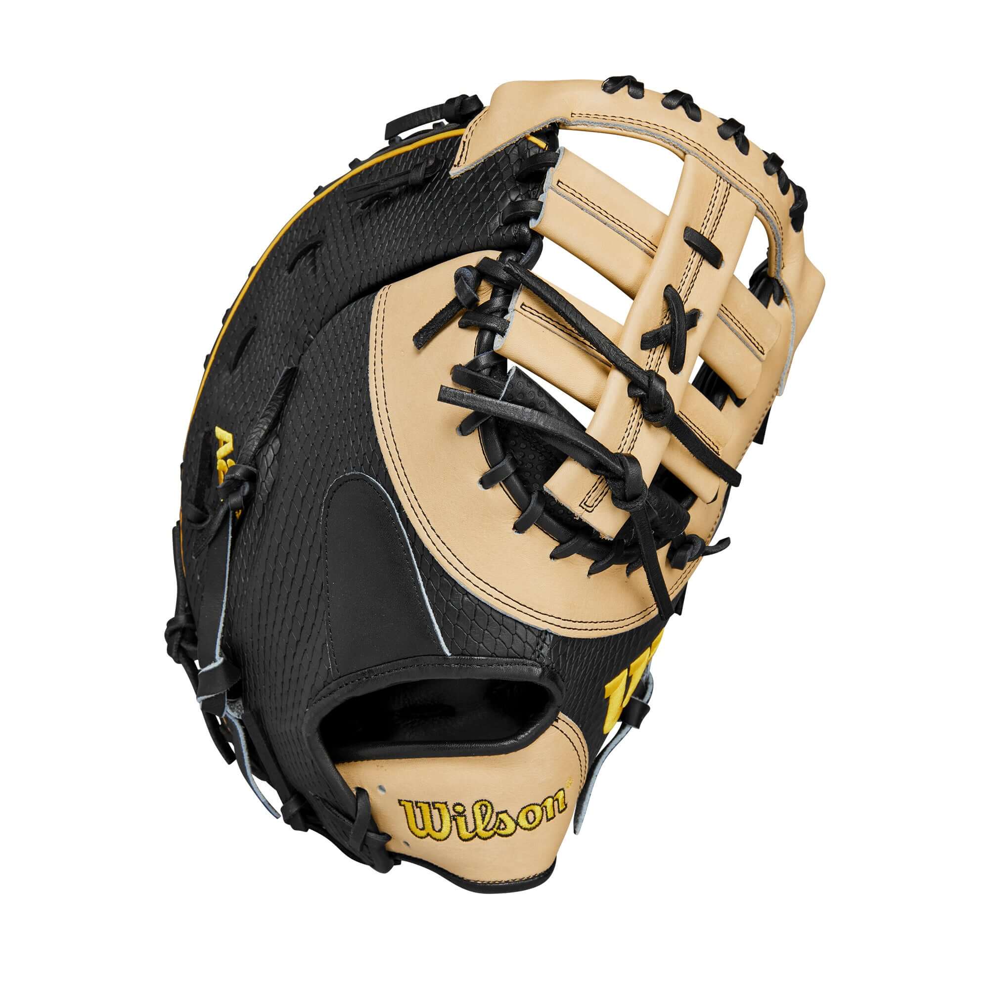 Wilson 2024 A2K Jose Abreu Game Model first base mitt in black and tan, featuring advanced Spin Control Technology.