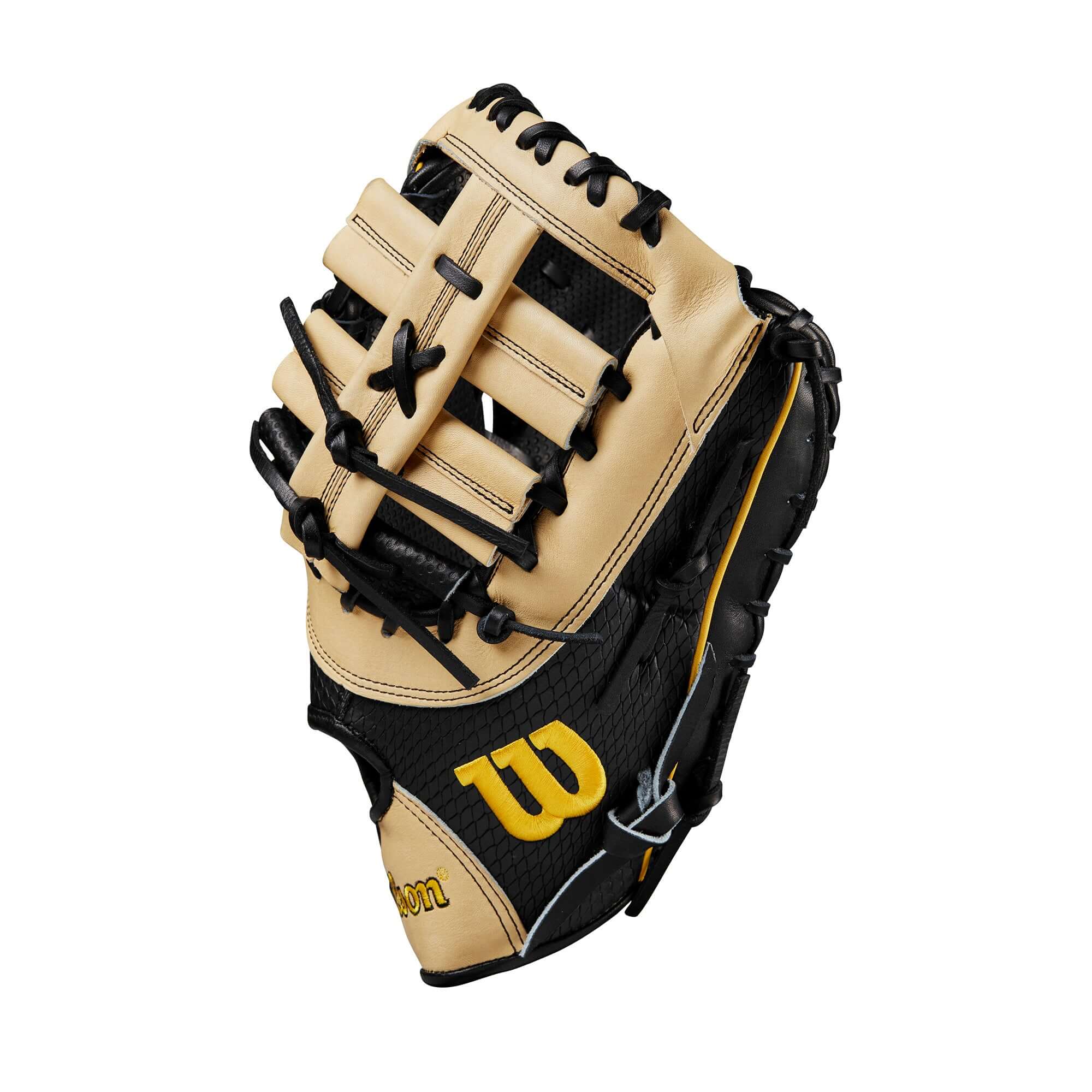 Wilson 2024 A2K José Abreu first base mitt in black and tan, featuring advanced leather and Spin Control Technology for optimal performance.