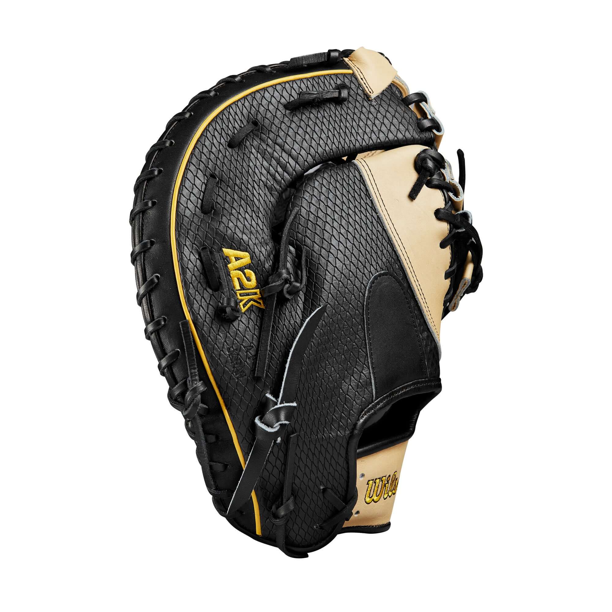 Wilson A2K José Abreu first base mitt in black and tan, featuring advanced technology for optimal performance.