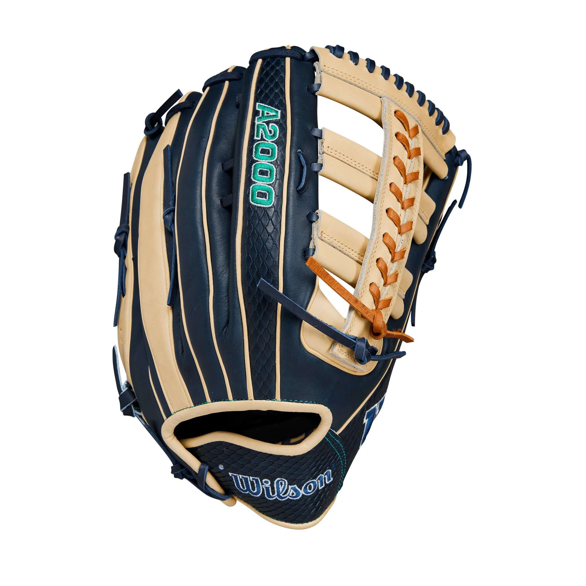 Wilson A2000 JR44 GM baseball glove in navy blue and blonde, 12.75 inches, designed for outfield play.